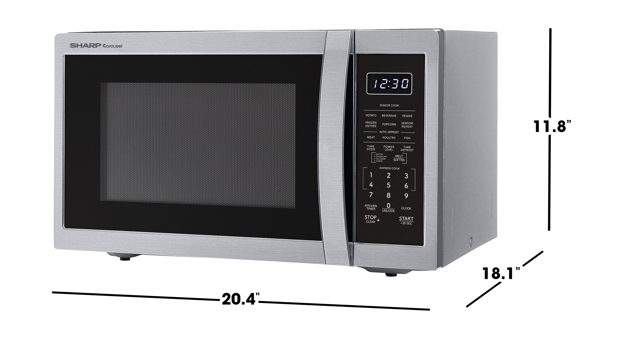 Microondas de encimera de acero inoxidable de 1.4 pies cúbicos y 1100 vatios con controles de cocción por sensor de potencia media.