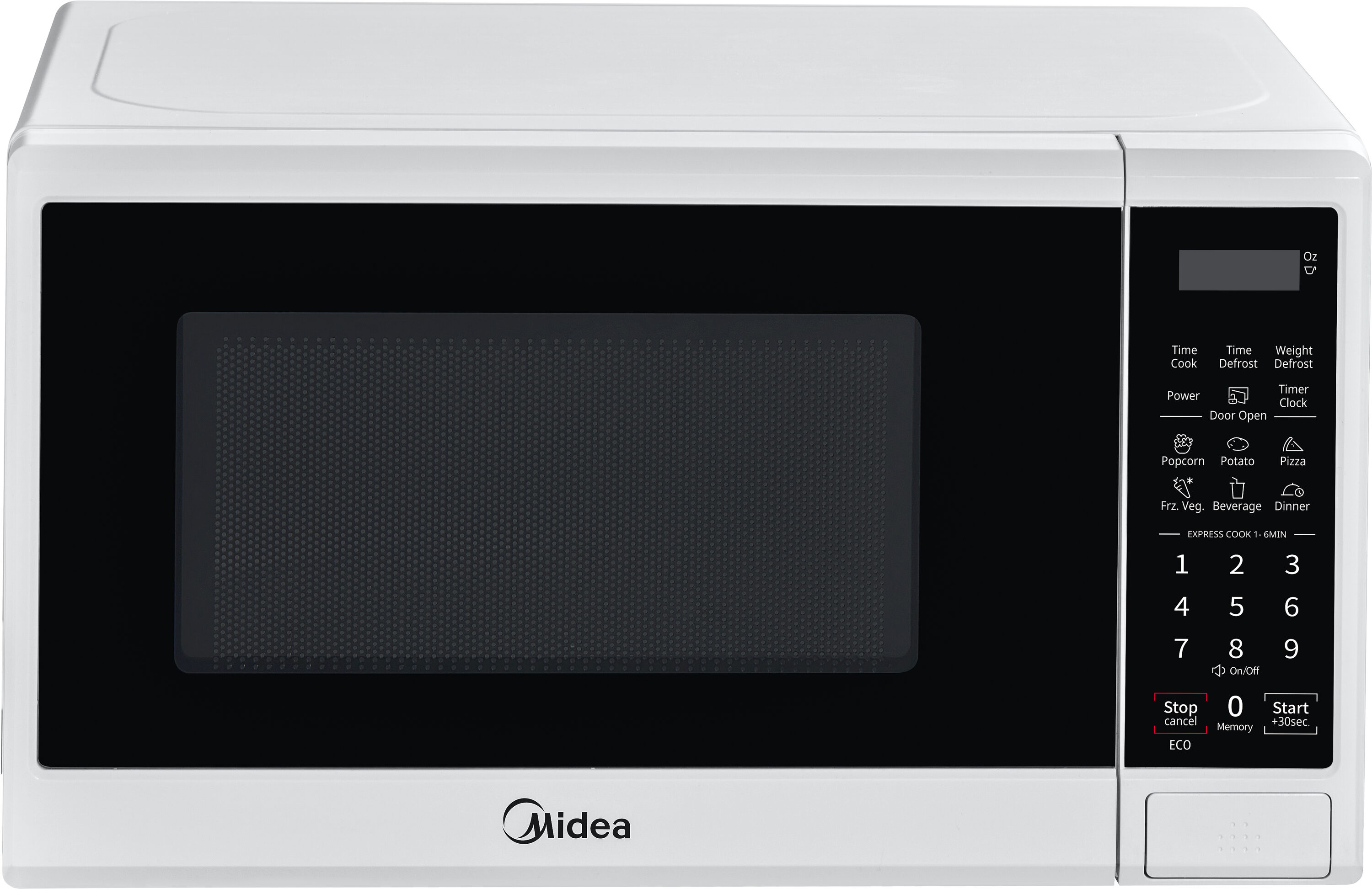 Microondas de encimera de 0.7 pies cúbicos con 11 niveles de potencia Midea, bloqueo de seguridad para niños y ajustes de cocción preprogramados (Blanco)