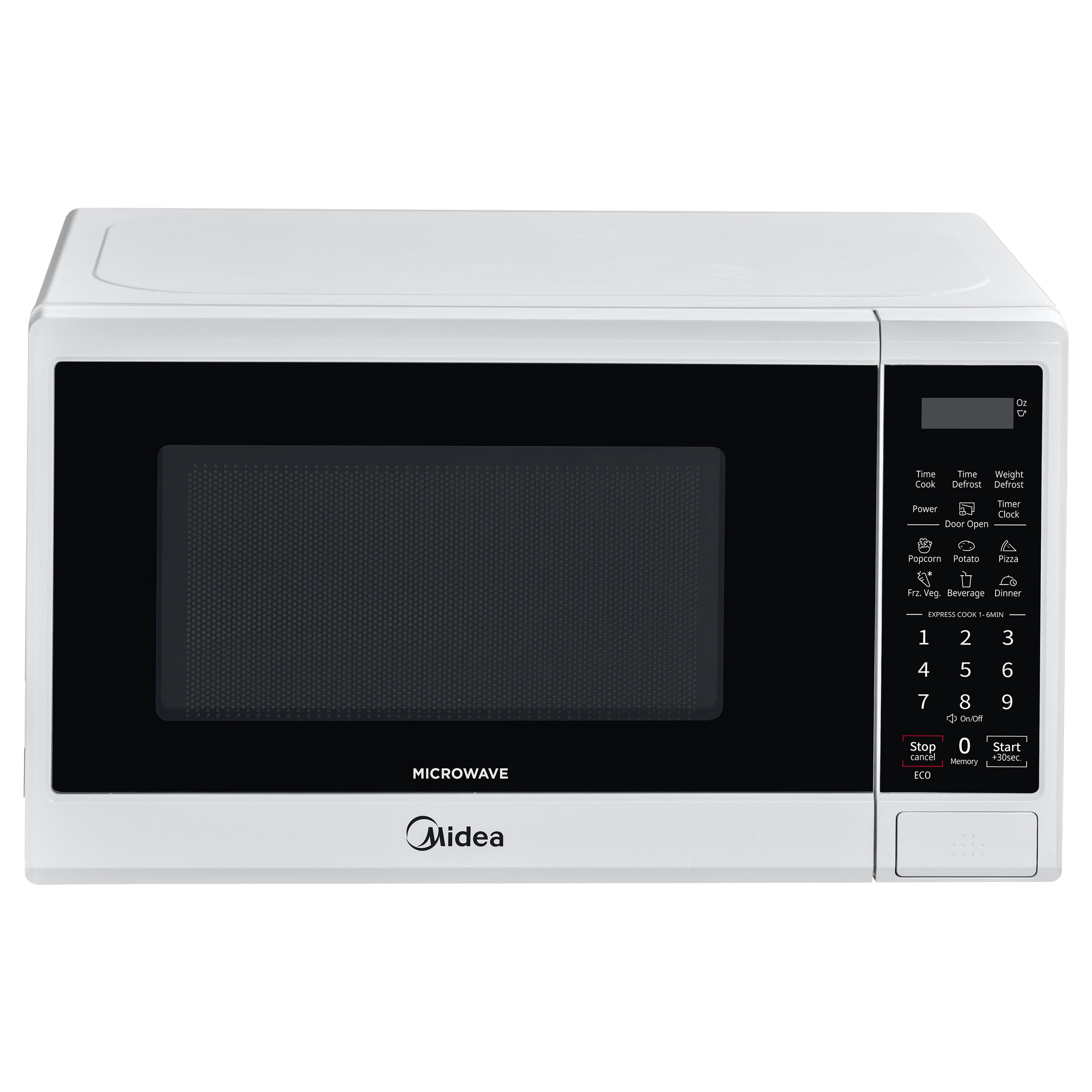 Microondas de encimera de 0.7 pies cúbicos con 11 niveles de potencia Midea, bloqueo de seguridad para niños y ajustes de cocción preprogramados (Blanco)