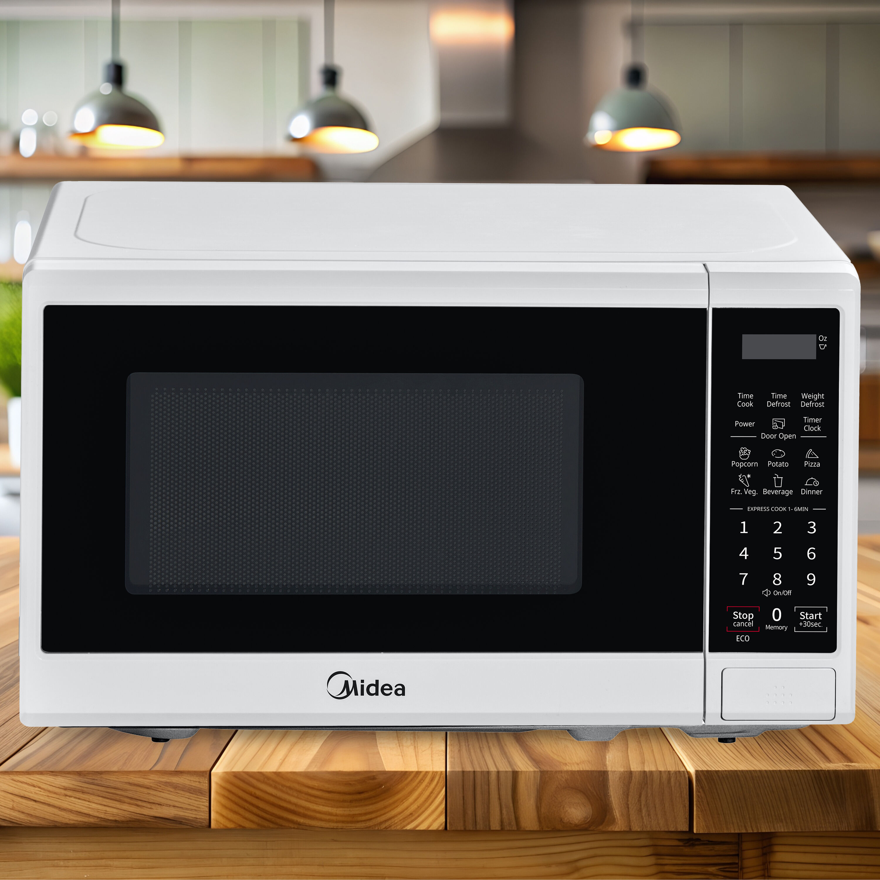 Microondas de encimera de 0.7 pies cúbicos con 11 niveles de potencia Midea, bloqueo de seguridad para niños y ajustes de cocción preprogramados (Blanco)