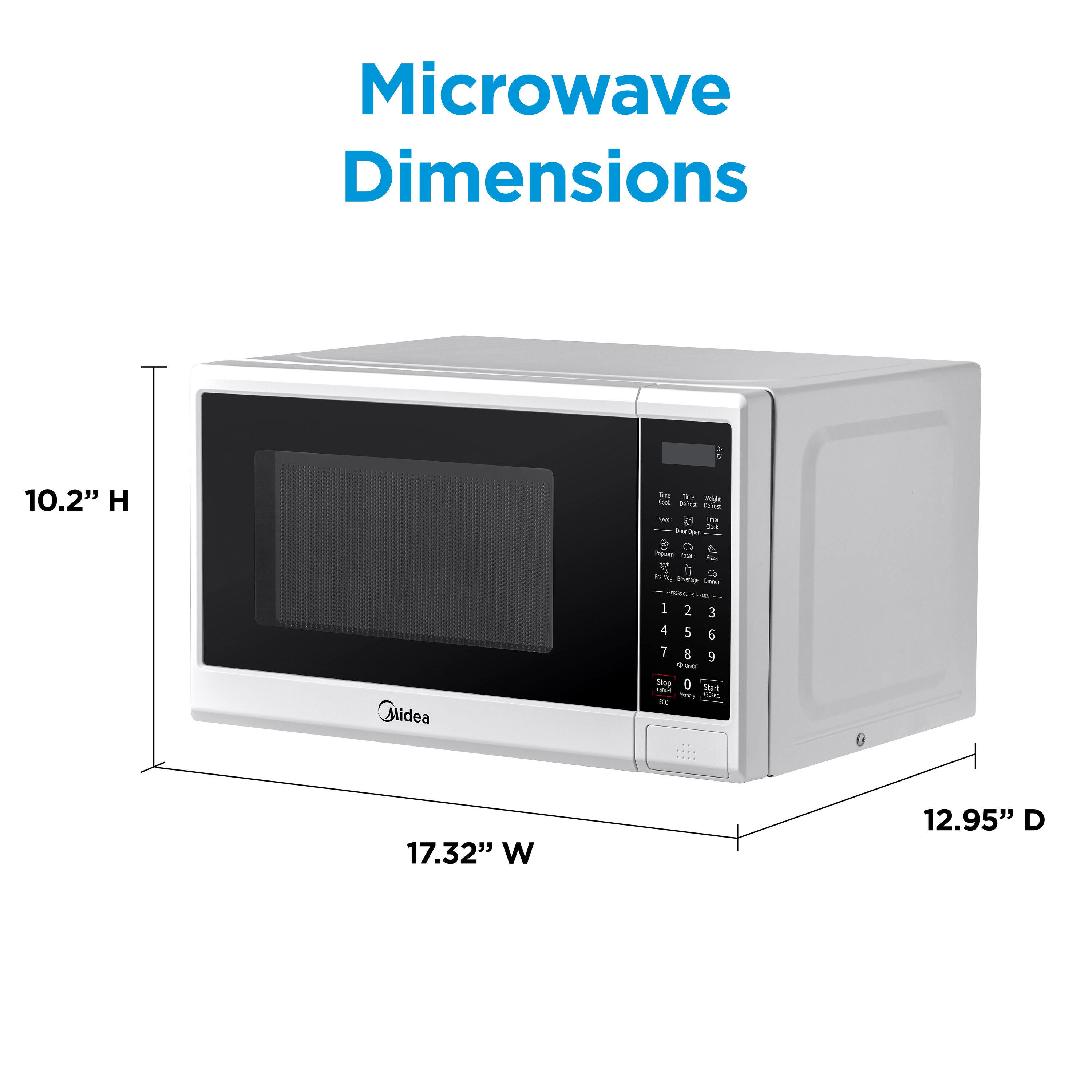 Microondas de encimera de 0.7 pies cúbicos con 11 niveles de potencia Midea, bloqueo de seguridad para niños y ajustes de cocción preprogramados (Blanco)