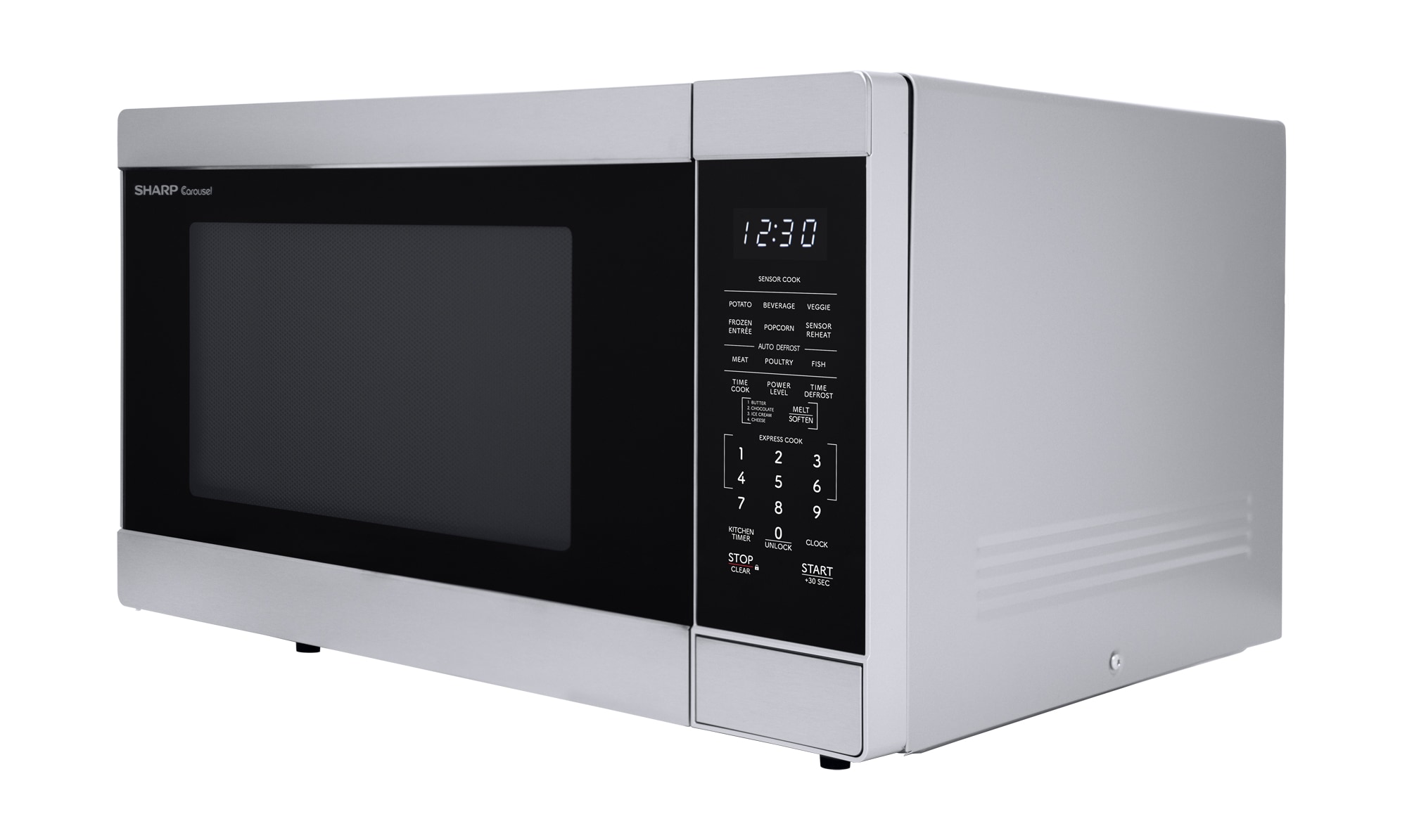 Microondas de encimera Sharp con controles de cocción por sensor de 1.6 pies cúbicos y 1100 watts (mayores a 1.5 pies cúbicos) en acero inoxidable.