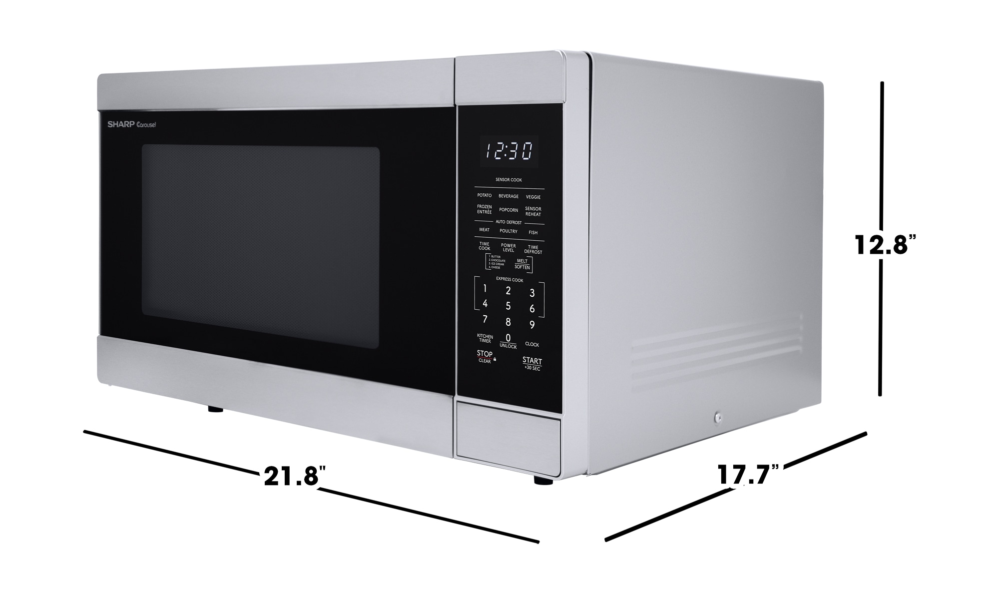 Microondas de encimera Sharp con controles de cocción por sensor de 1.6 pies cúbicos y 1100 watts (mayores a 1.5 pies cúbicos) en acero inoxidable.