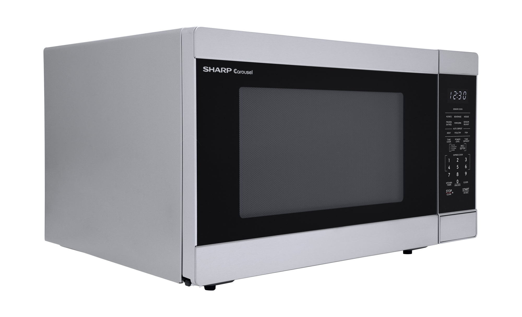 Microondas de encimera Sharp con controles de cocción por sensor de 1.6 pies cúbicos y 1100 watts (mayores a 1.5 pies cúbicos) en acero inoxidable.
