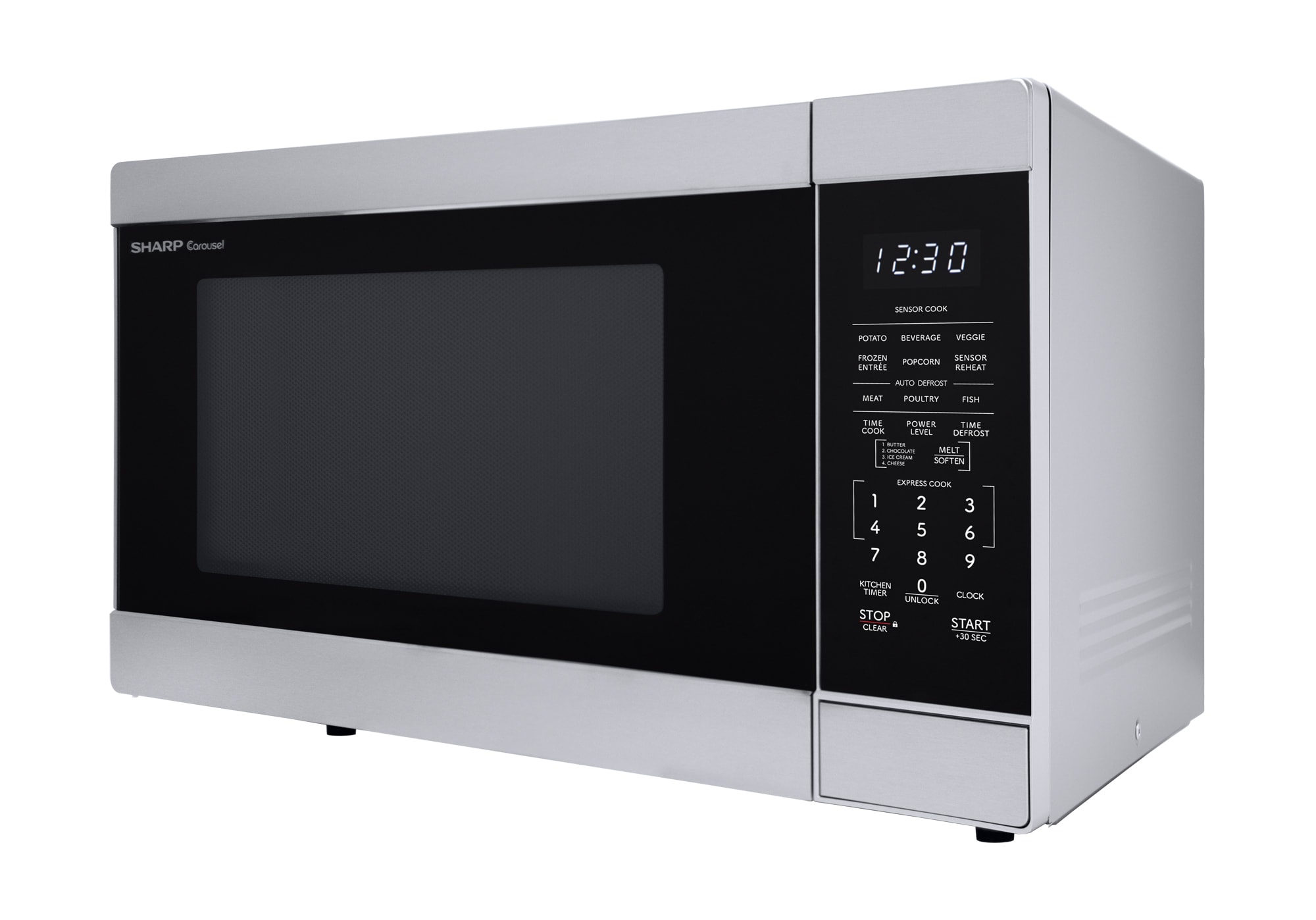 Microondas de encimera Sharp con controles de cocción por sensor de 1.6 pies cúbicos y 1100 watts (mayores a 1.5 pies cúbicos) en acero inoxidable.