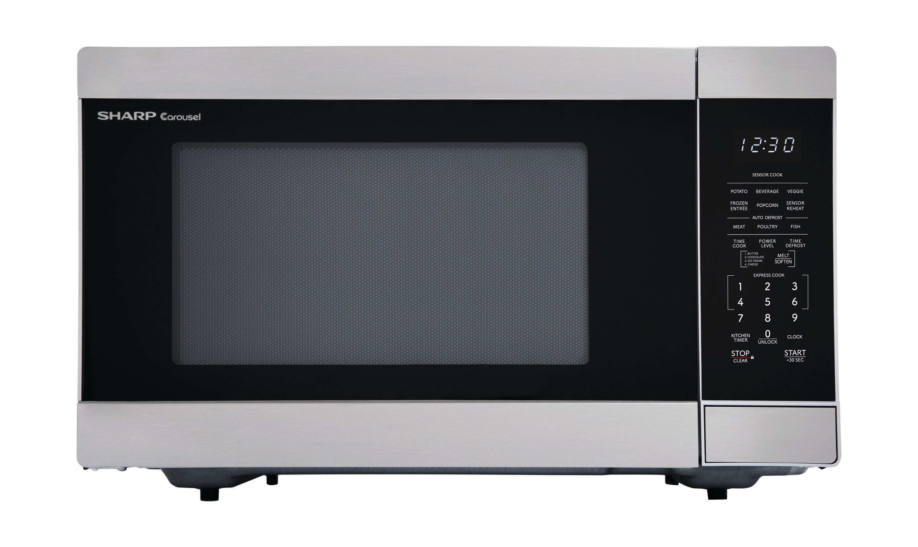 Microondas de encimera Sharp con controles de cocción por sensor de 1.6 pies cúbicos y 1100 watts (mayores a 1.5 pies cúbicos) en acero inoxidable.
