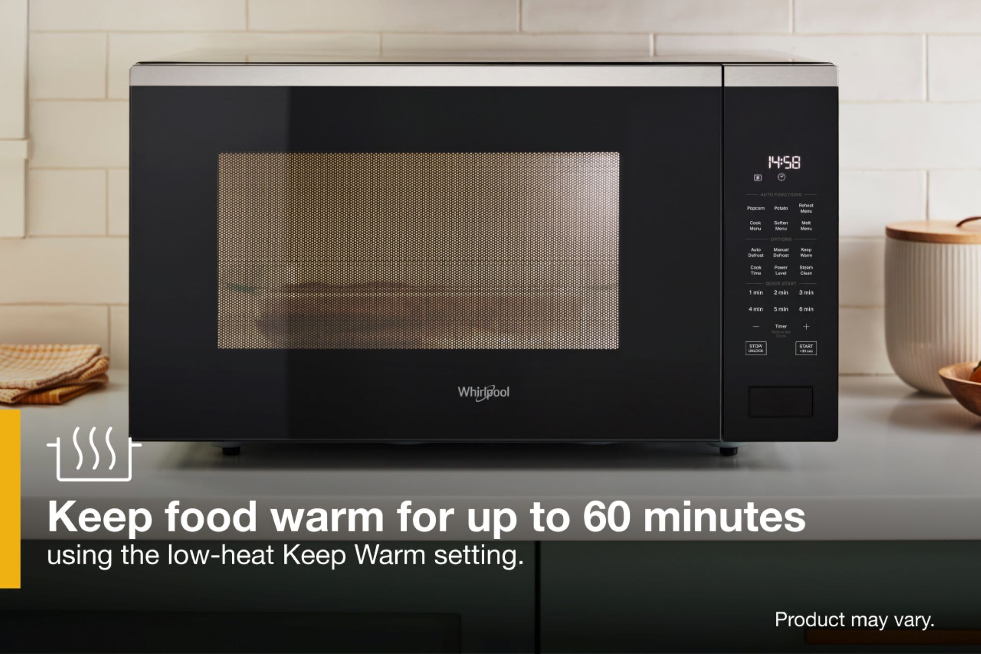 Microondas de mostrador Whirlpool de 1.6 pies cúbicos (más de 1.5 pies cúbicos) con controles de cocción con sensor de 1700 watts (Negro) WMCS7022RB