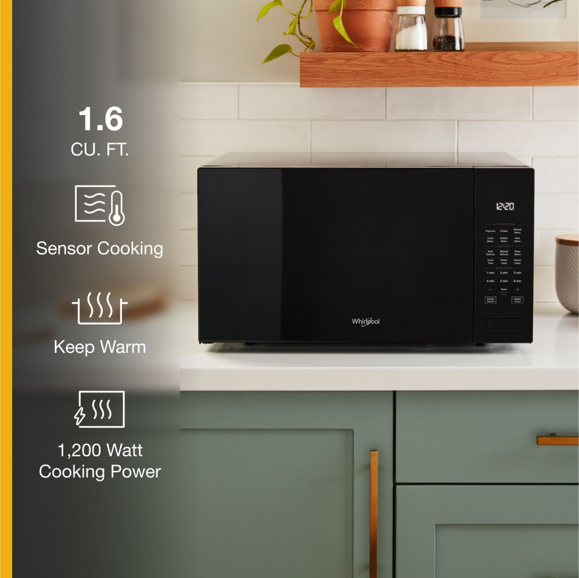 Microondas de mostrador Whirlpool de 1.6 pies cúbicos (más de 1.5 pies cúbicos) con controles de cocción con sensor de 1700 watts (Negro) WMCS7022RB