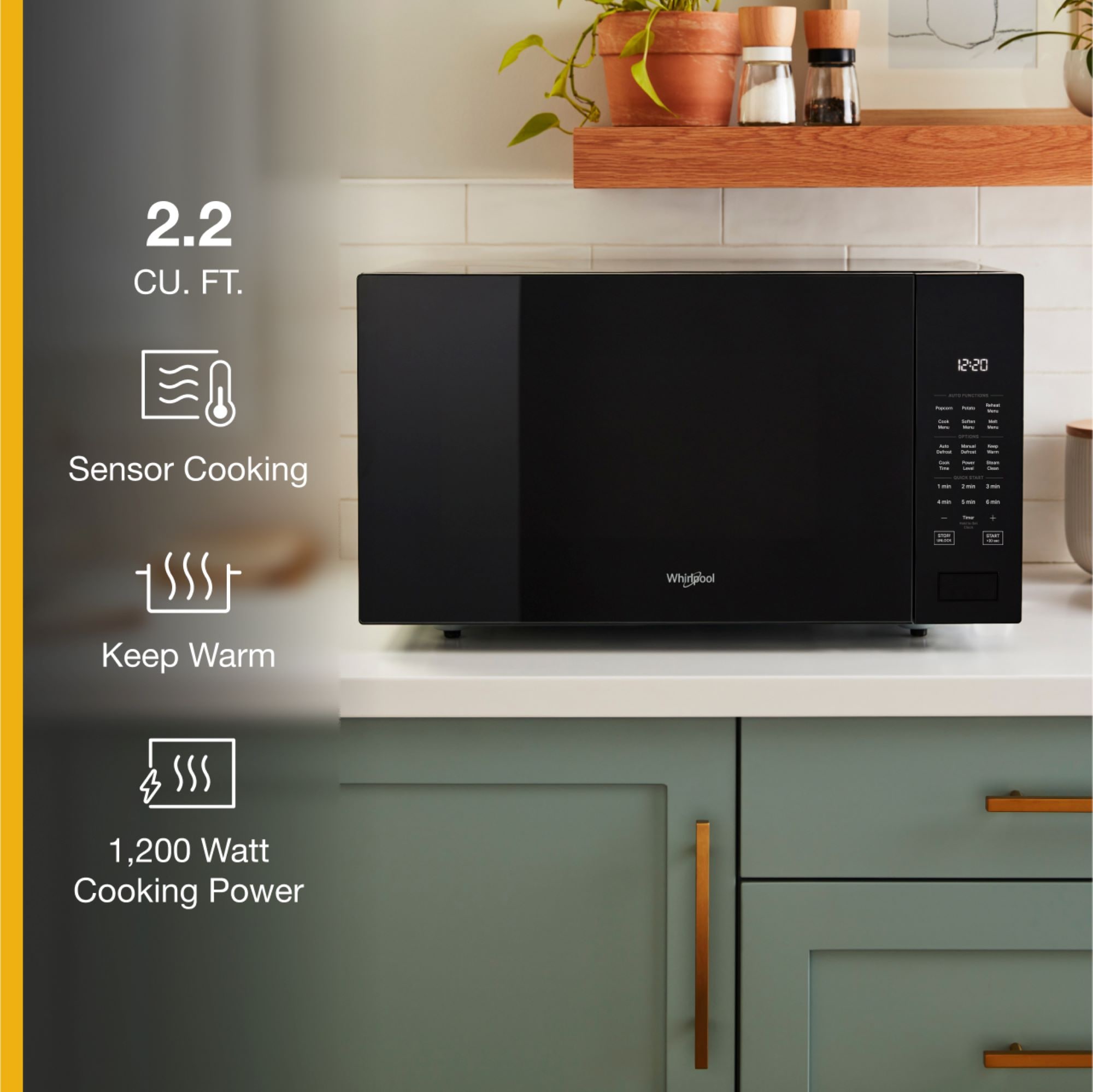 Microondas de Encimera Whirlpool de 2.2 pies cúbicos con controles de cocción por sensor de 1700 watts (Negro) - Modelo WMCS7024RB