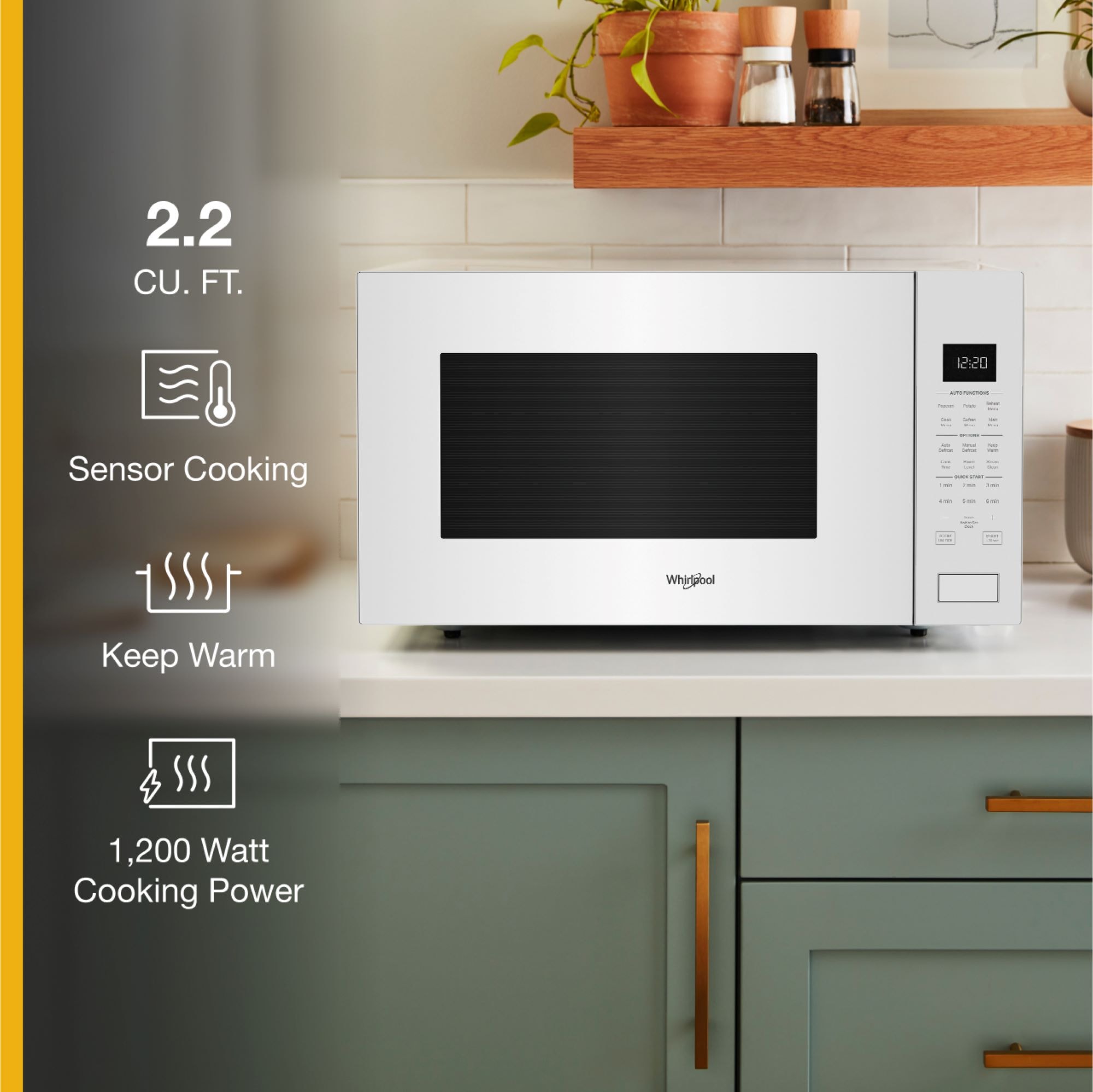 Microondas de encimera Whirlpool de 2.2 pies cúbicos (más de 1.5 pies cúbicos) con controles de cocción por sensor de 1700 vatios (Blanco) WMCS7024RW