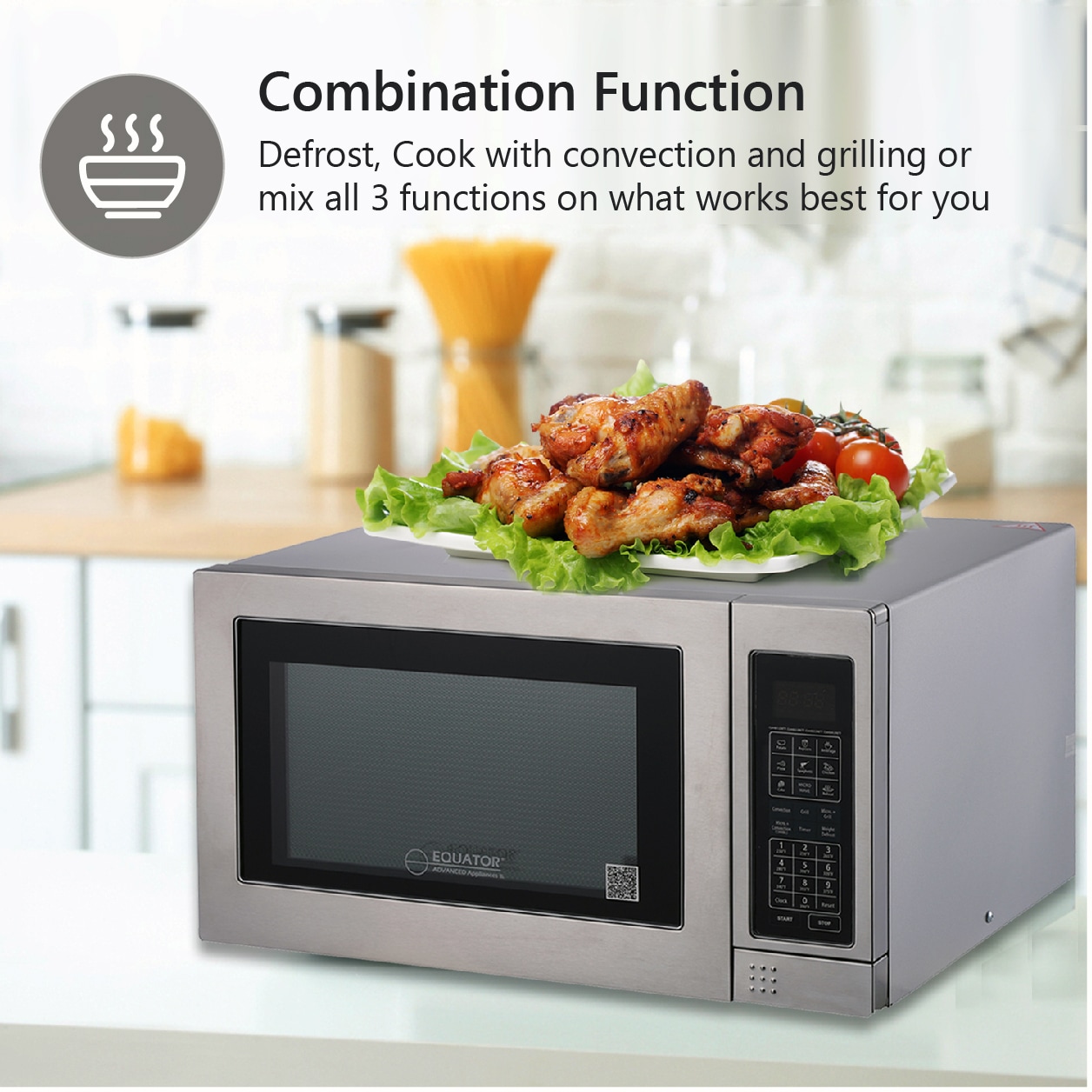Horno Microondas de Convección y Parrilla Híbrido Avanzado Equator, 1.2 pies cúbicos, 1500 watts  de Potencia, Modelo CMO 1200 (Acero Inoxidable)