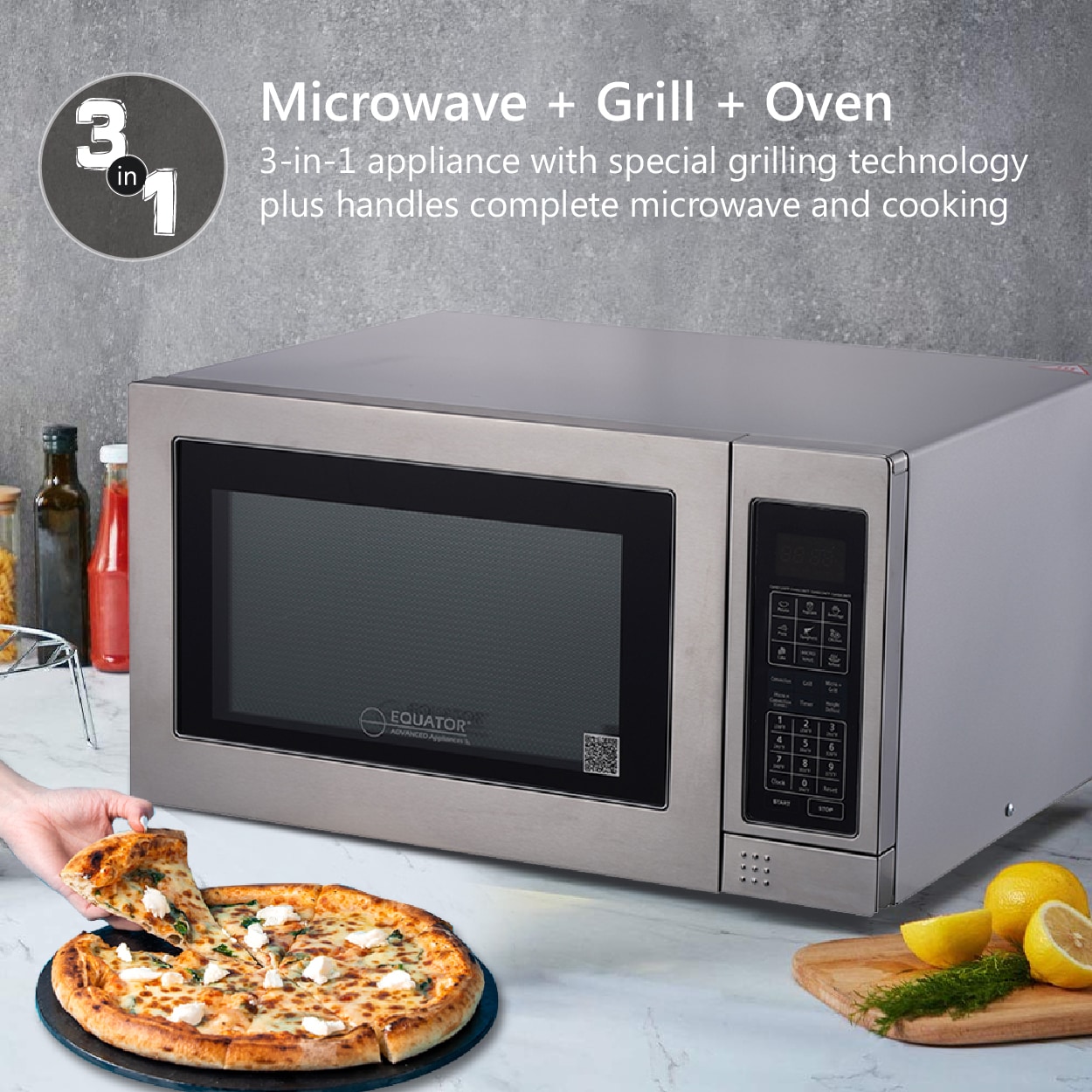 Horno Microondas de Convección y Parrilla Híbrido Avanzado Equator, 1.2 pies cúbicos, 1500 watts  de Potencia, Modelo CMO 1200 (Acero Inoxidable)