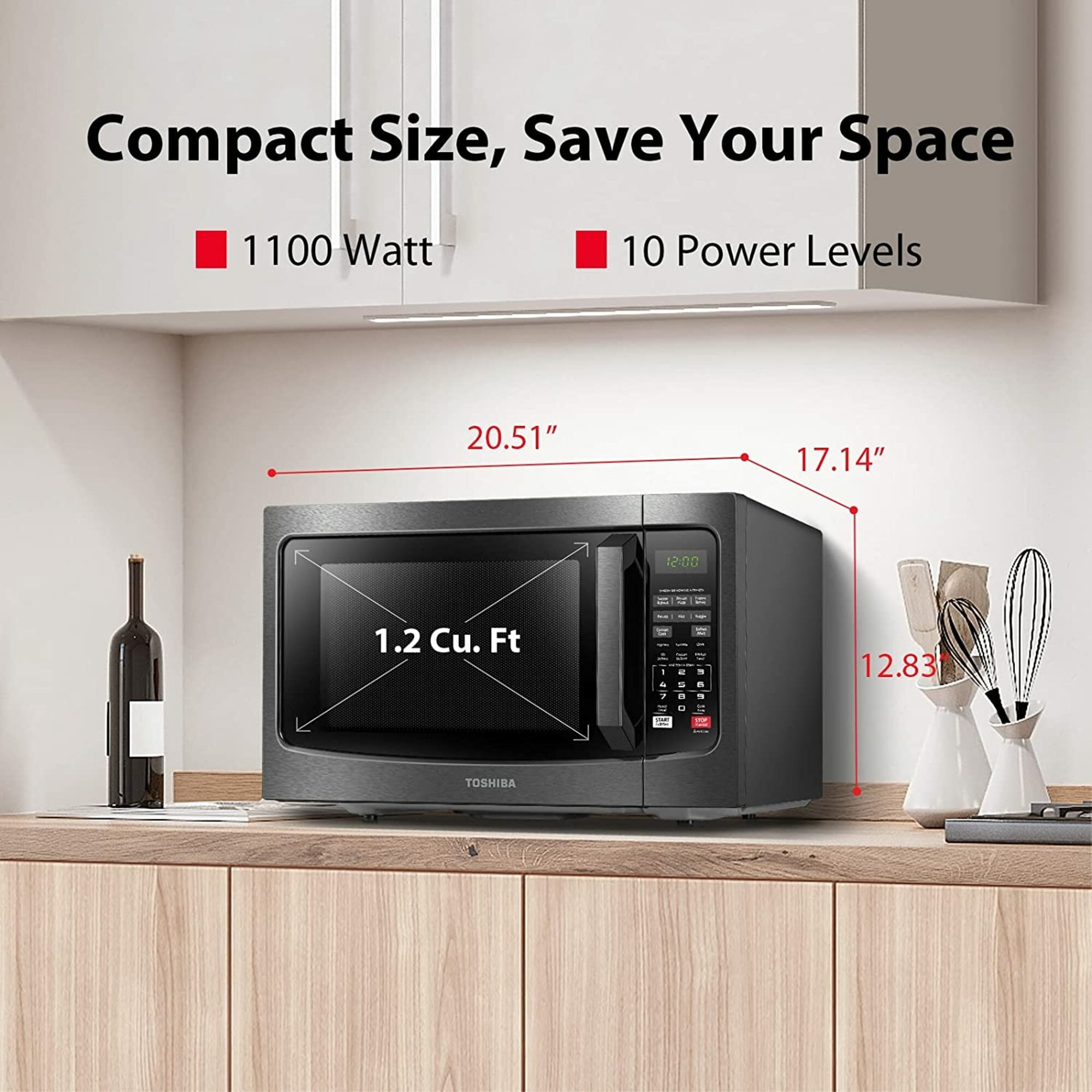 Horno de microondas de 1.2 pies cúbicos, 1000 vatios de potencia, de tamaño mediano para encimera (acero inoxidable negro) EM131A5C-BS
