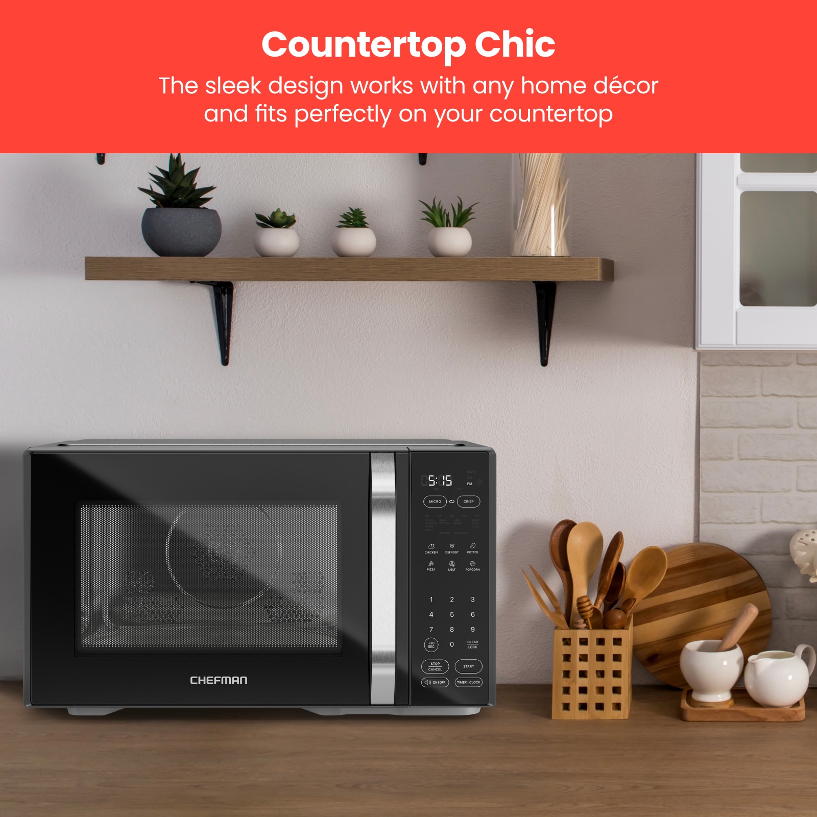 Microondas de convección con freidora de aire de 1.1 pies cúbicos y 1800 watts en negro.