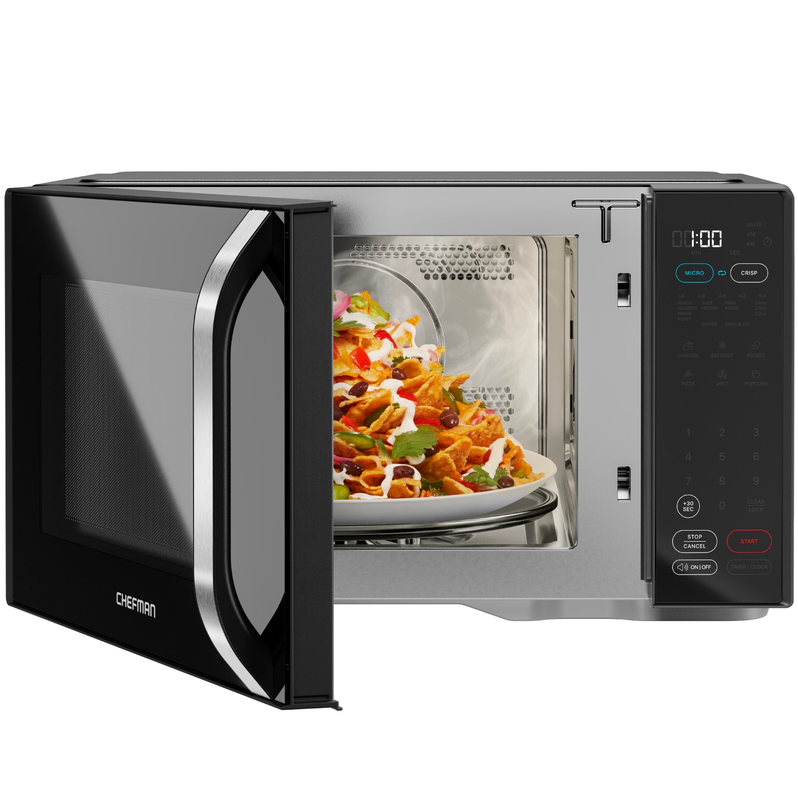 Microondas de convección con freidora de aire de 1.1 pies cúbicos y 1800 watts en negro.