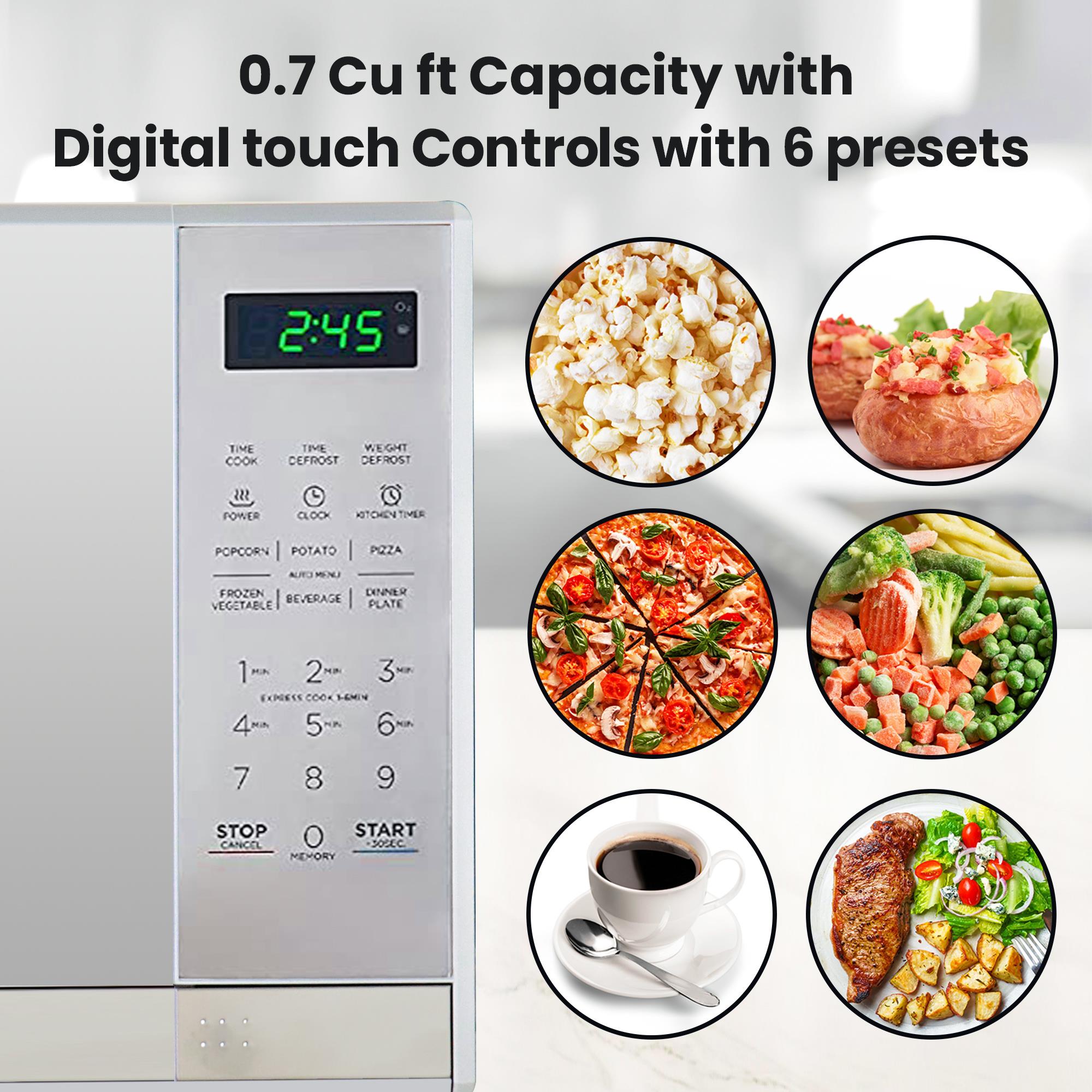 Horno de Microondas de Encimera de Acero Inoxidable con Control Digital de 6 Modos de Cocción Preestablecidos y Capacidad de 0.7 pies cúbicos