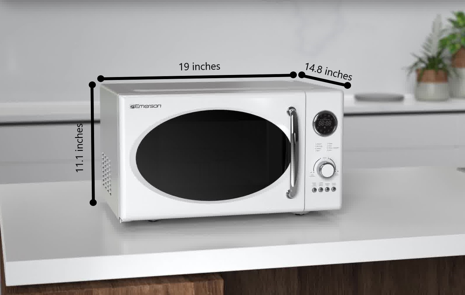 Radio Emerson 0.9 pies cúbicos Pequeño (Menos de 1.5 pies cúbicos) 800 Watts de Potencia Blanco para Encimera