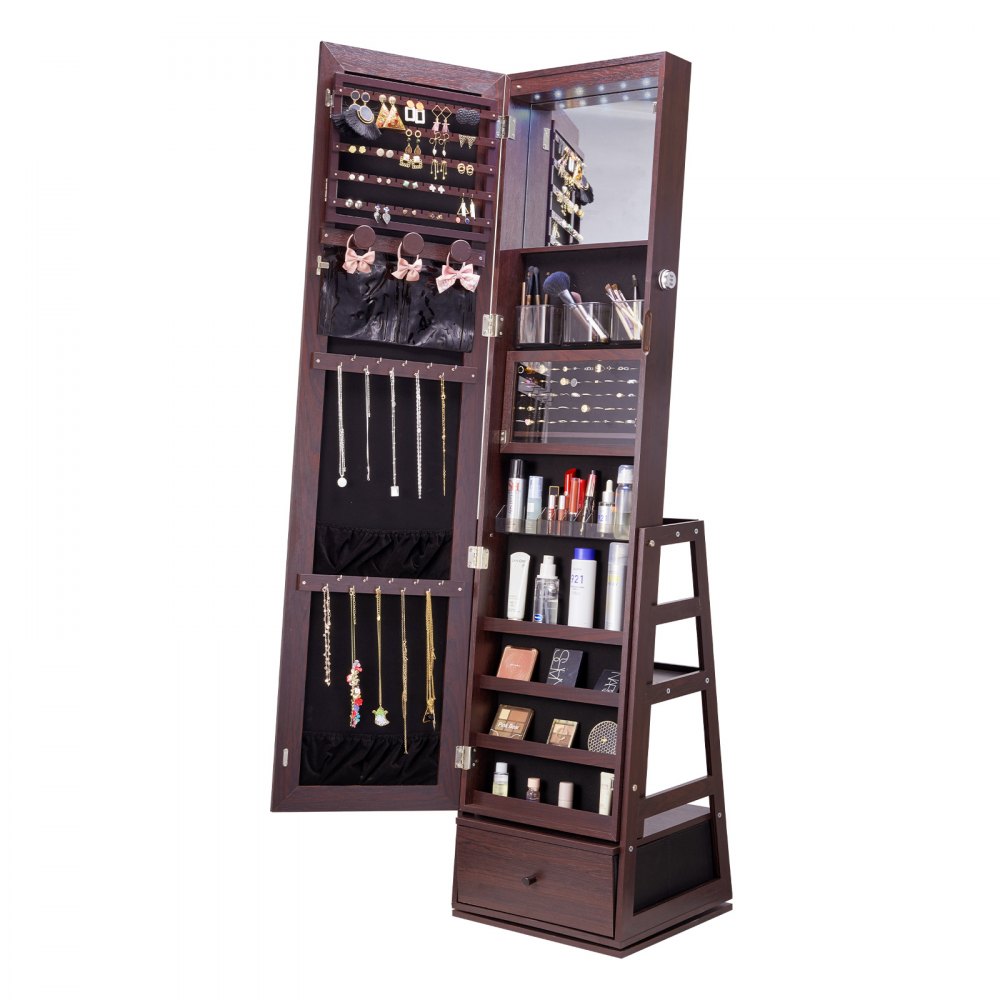 VEVOR Mirror Jewelry Cabinet 360° Swivel Standing Mirror with Storage Brown - LSKXZKZBSNJ1RF2FZV9