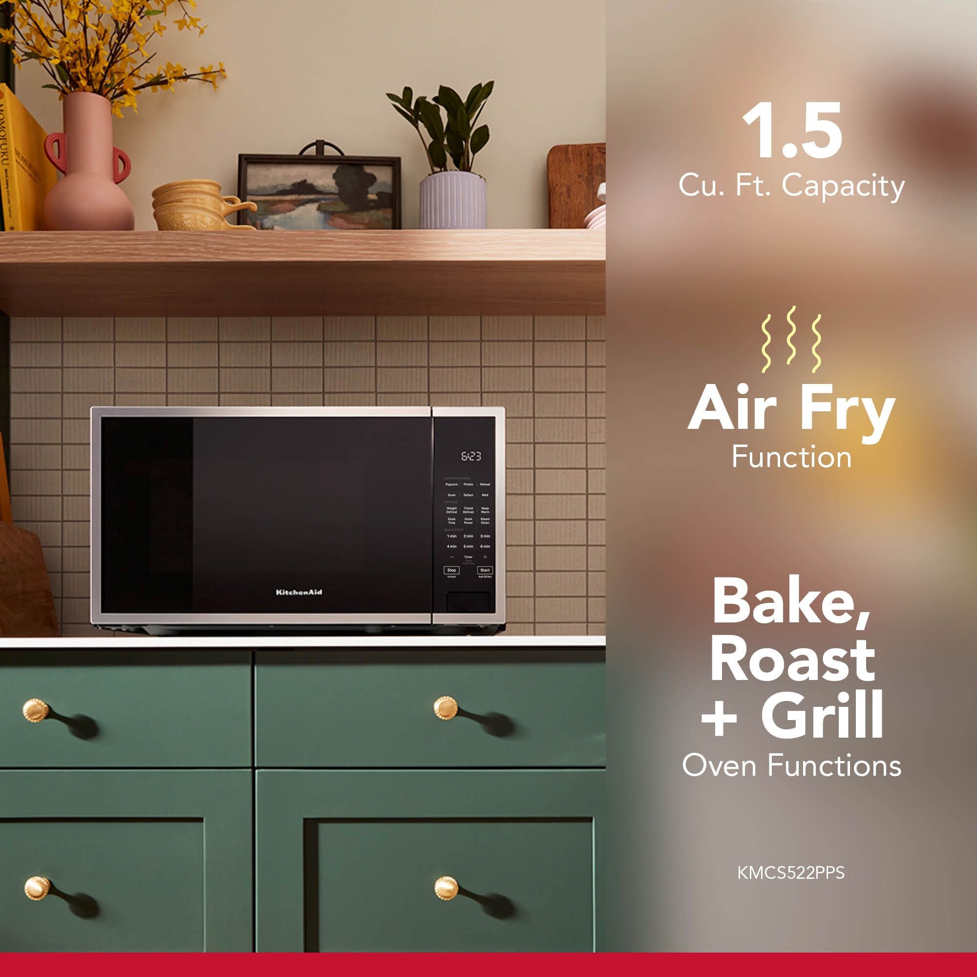 Microondas de mostrador de 1.6 pies cúbicos (más de 1.5 pies cúbicos) de 1700 watts con controles de cocción por sensor (acabado en acero inoxidable negro con protección contra manchas) de KitchenAid KMCS122RPS