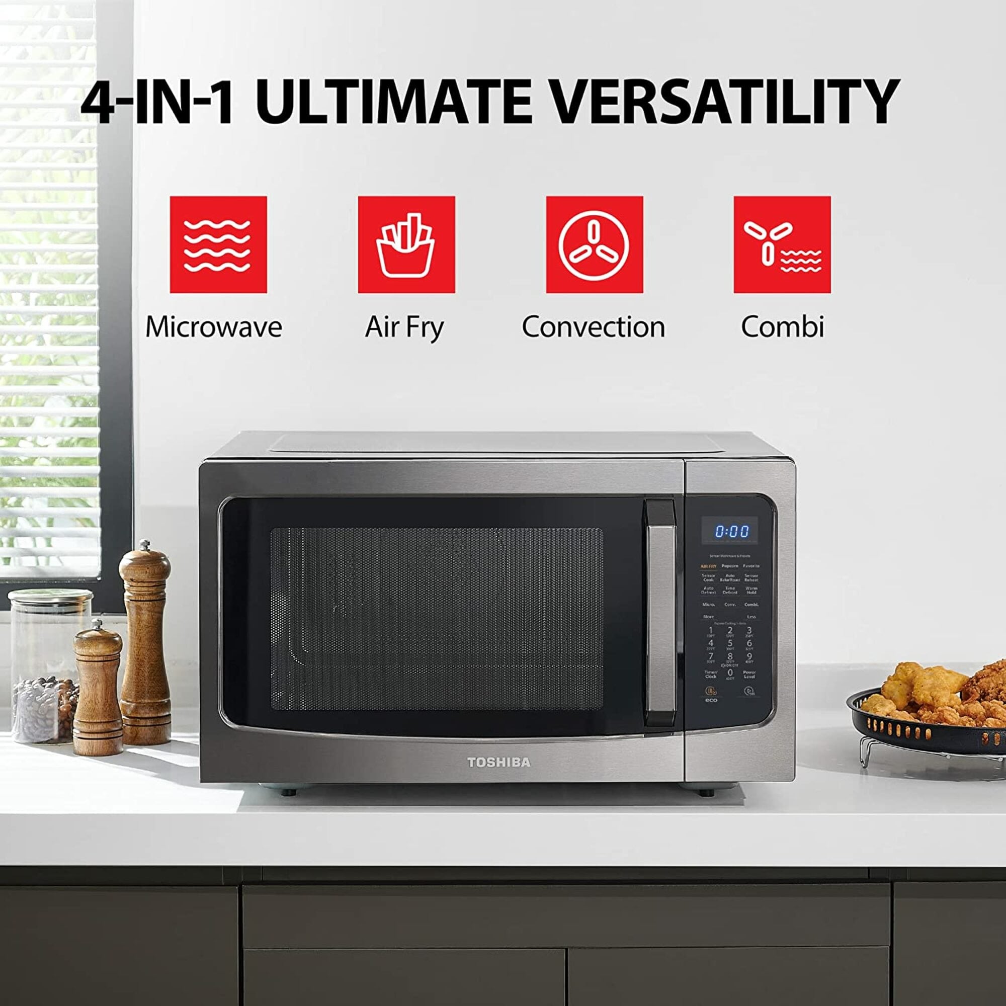 Horno de microondas de encimera con freidora de aire de 1000 vatios y 1.5 pies cúbicos en acero inoxidable negro.