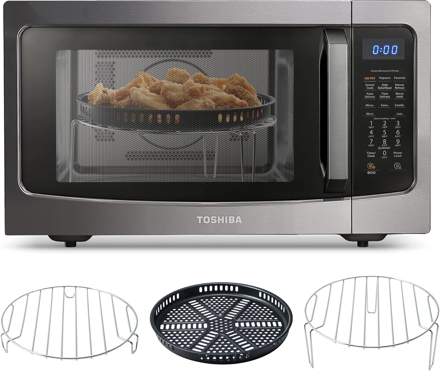 Horno de microondas de encimera con freidora de aire de 1000 vatios y 1.5 pies cúbicos en acero inoxidable negro.