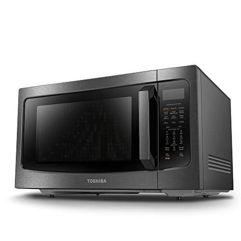 Horno de microondas de encimera con freidora de aire de 1000 vatios y 1.5 pies cúbicos en acero inoxidable negro.