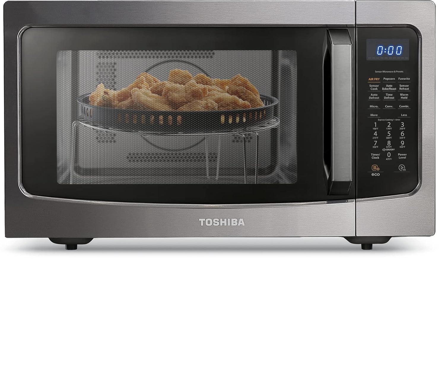 Horno de microondas de encimera con freidora de aire de 1000 vatios y 1.5 pies cúbicos en acero inoxidable negro.