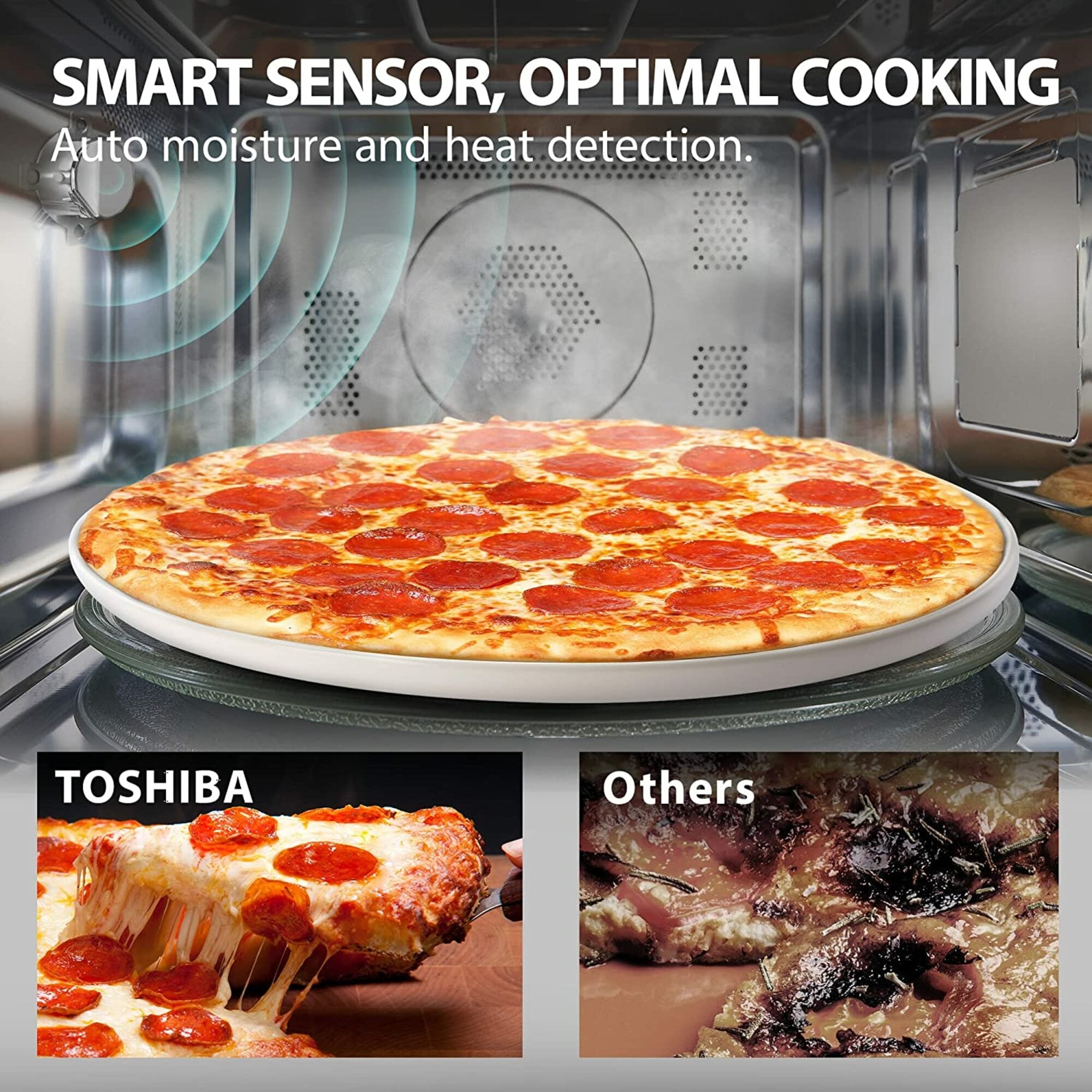 Microondas de convección de mostrador con controles de cocción por sensor de freído al aire de 1000 watts, capacidad de 1.5 pies cúbicos, en acero inoxidable.