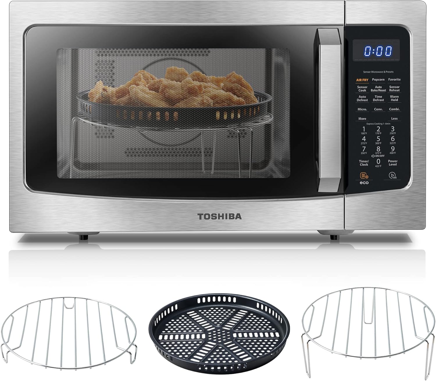 Microondas de convección de mostrador con controles de cocción por sensor de freído al aire de 1000 watts, capacidad de 1.5 pies cúbicos, en acero inoxidable.