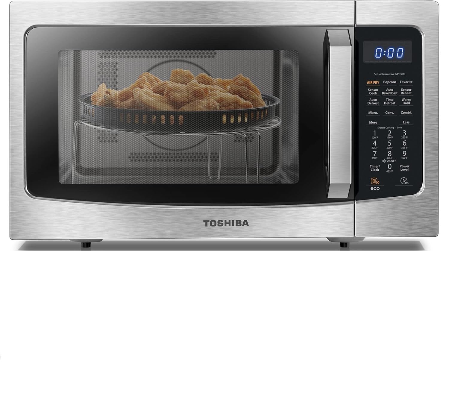Microondas de convección de mostrador con controles de cocción por sensor de freído al aire de 1000 watts, capacidad de 1.5 pies cúbicos, en acero inoxidable.