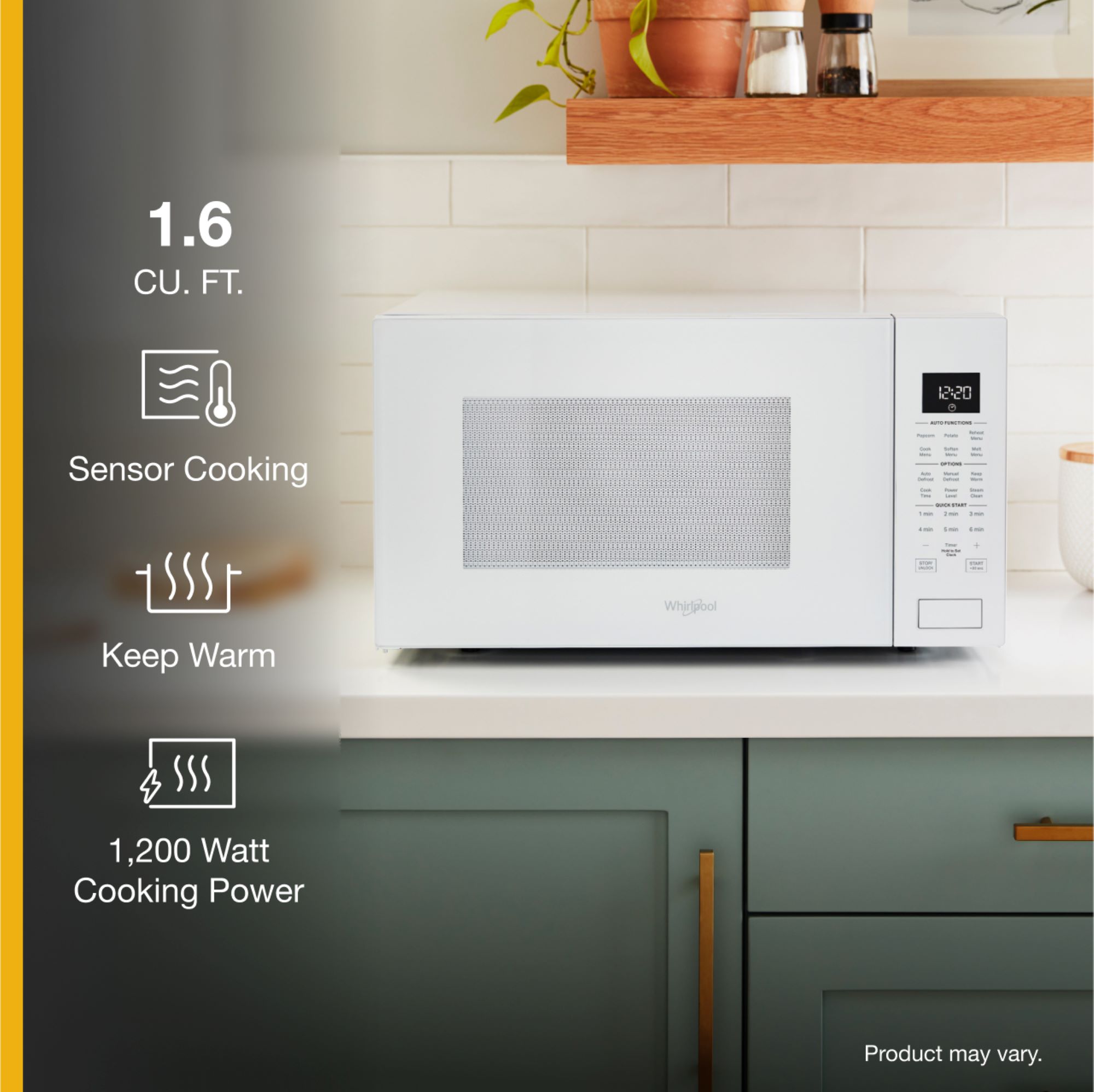 Microondas de mostrador Whirlpool de 1.6 pies cúbicos con controles de cocción por sensor de 1700 watts (blanco)