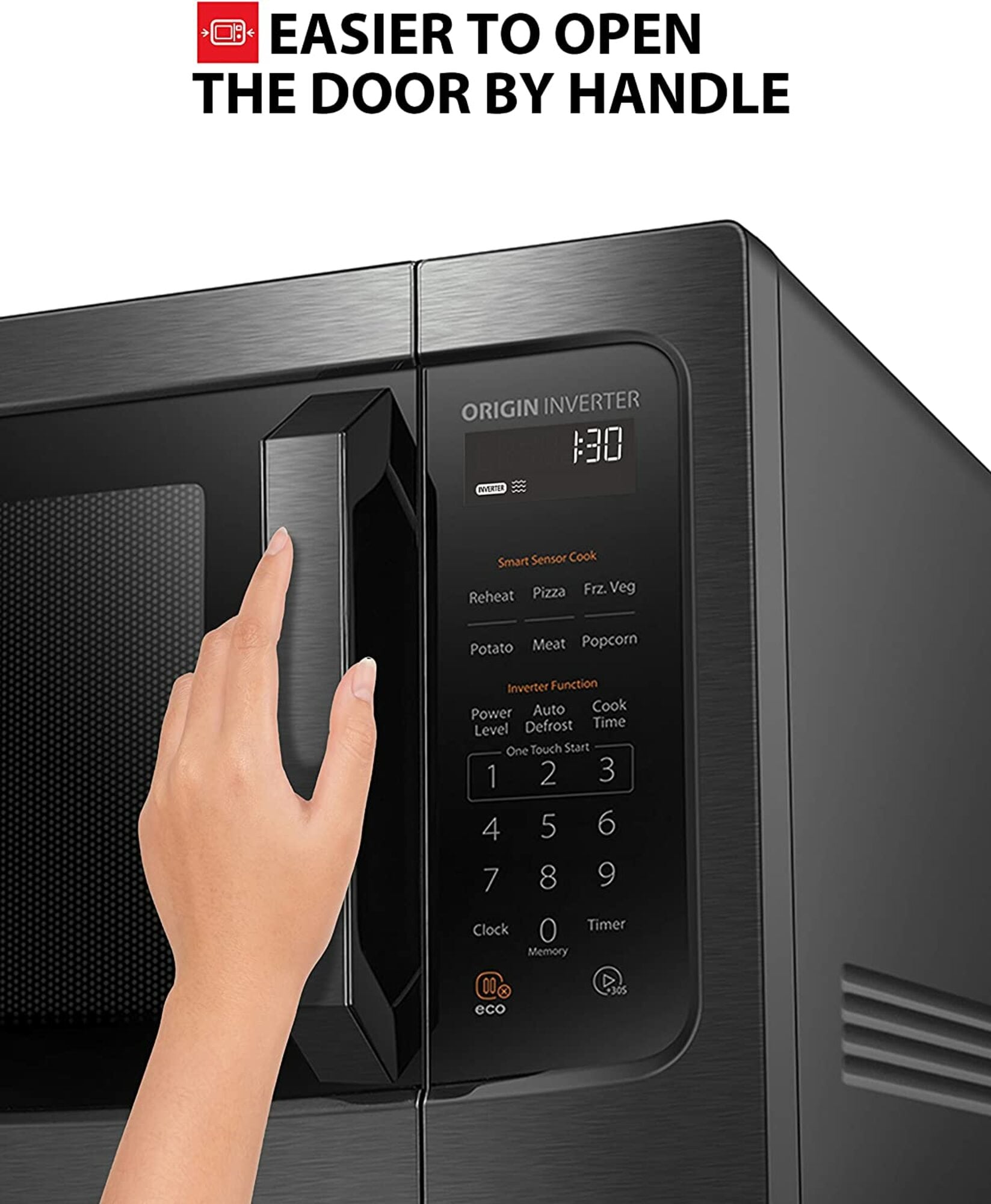 Microondas de mostrador Toshiba de 1.6 pies cúbicos, con controles de cocción por sensor de 1250 vatios, en acero inoxidable negro.