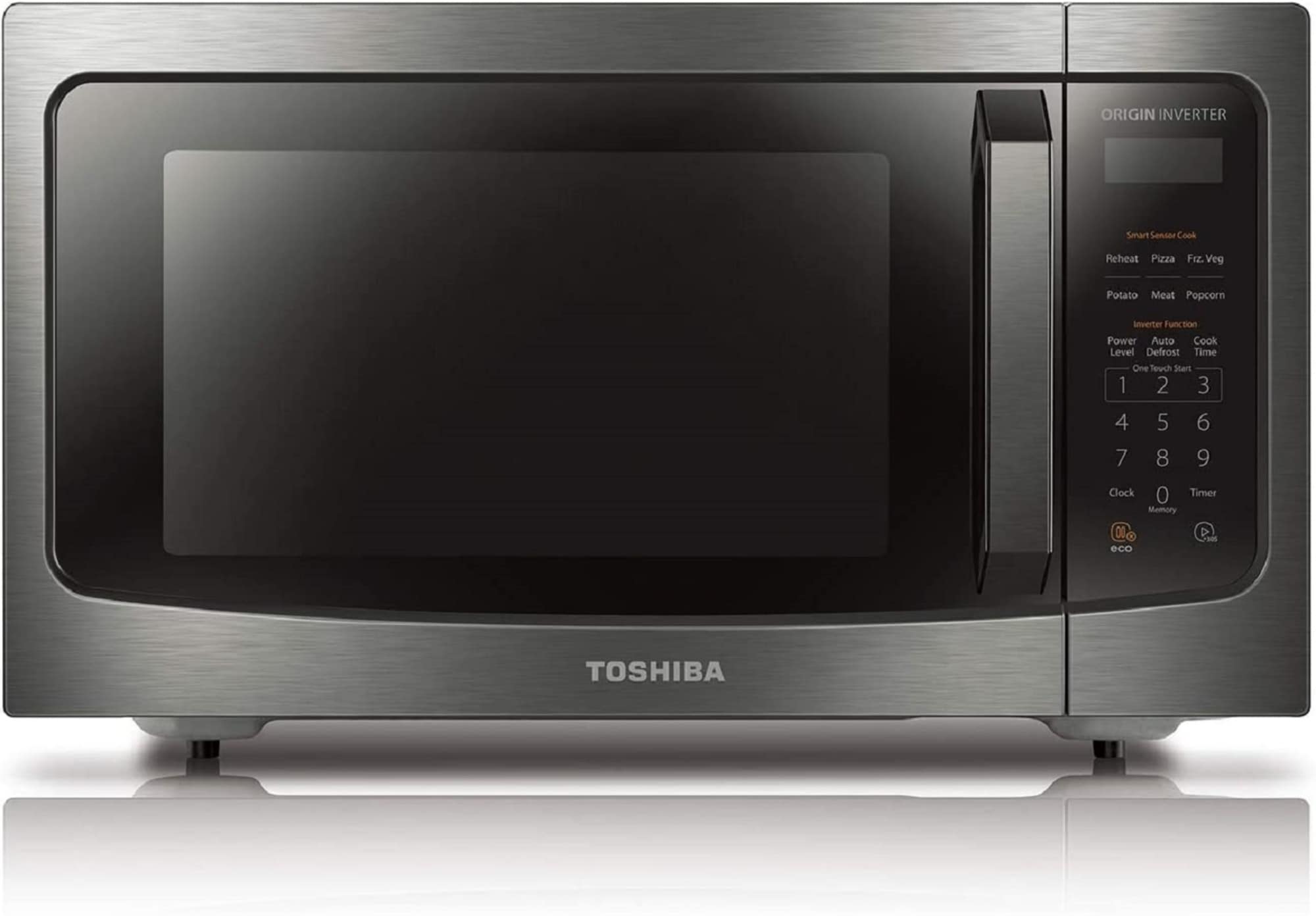 Microondas de mostrador Toshiba de 1.6 pies cúbicos, con controles de cocción por sensor de 1250 vatios, en acero inoxidable negro.