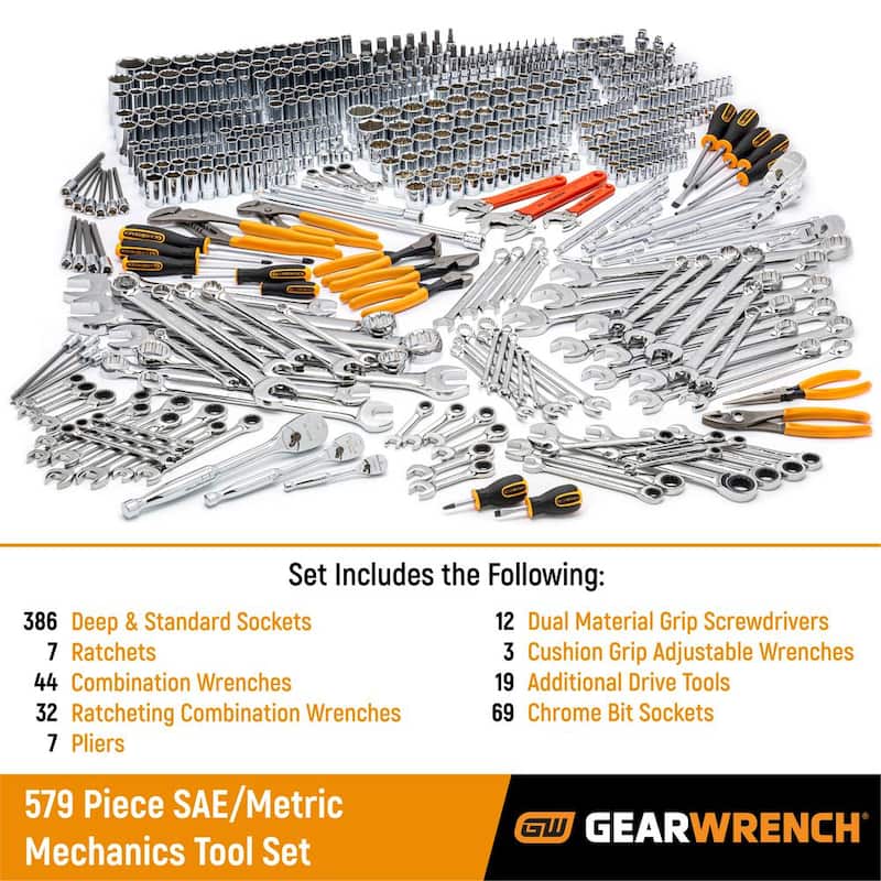 Juego de herramientas maestras para mecánicos GEARWRENCH de 1/4 pulg., 3/8 pulg. y 1/2 pulg. de accionamiento (579 piezas) - 89059