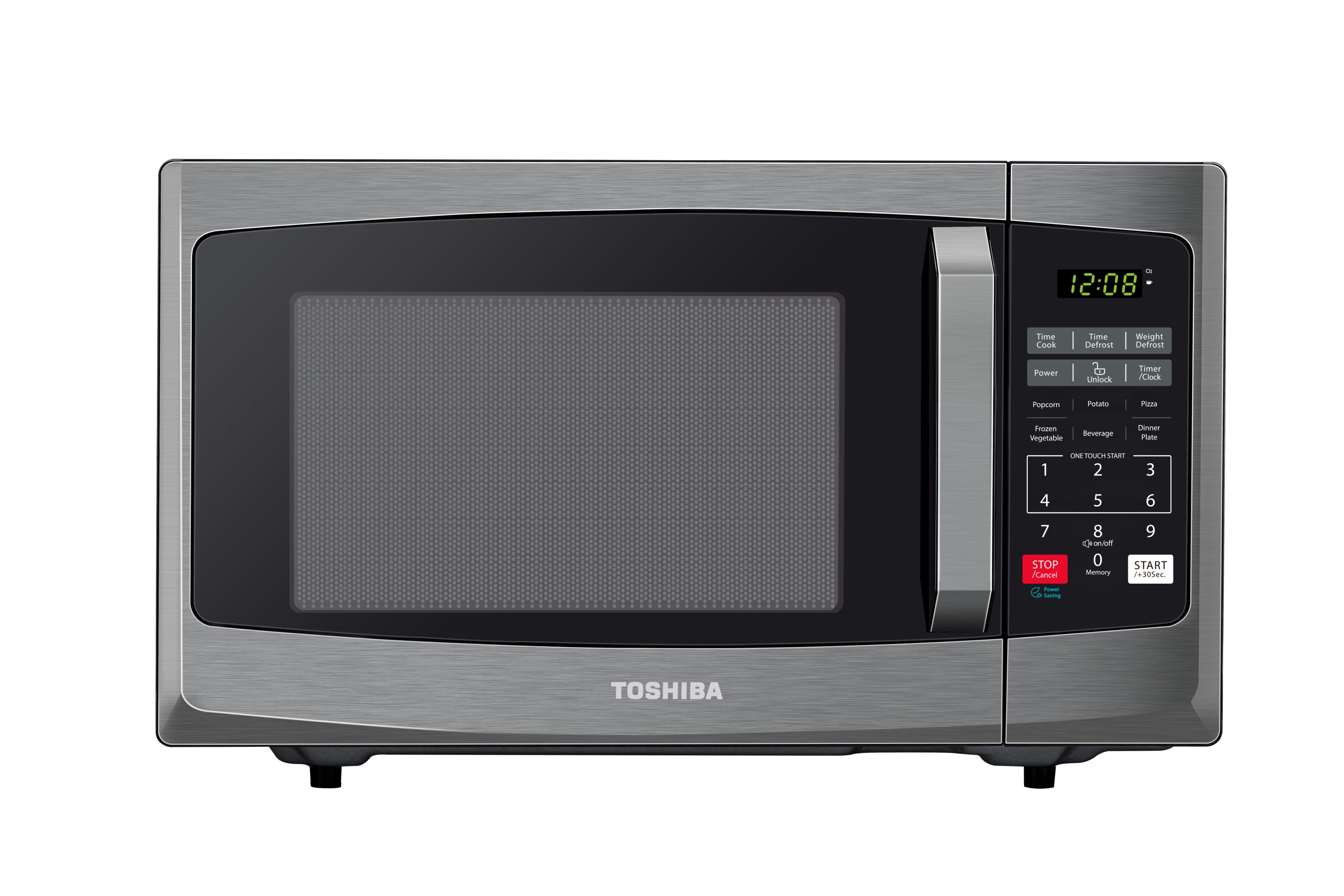 Microondas de 0.9 pies cúbicos con bloqueo de seguridad para niños, ahorro de energía y ajustes de un solo toque Toshiba (Acero inoxidable negro)