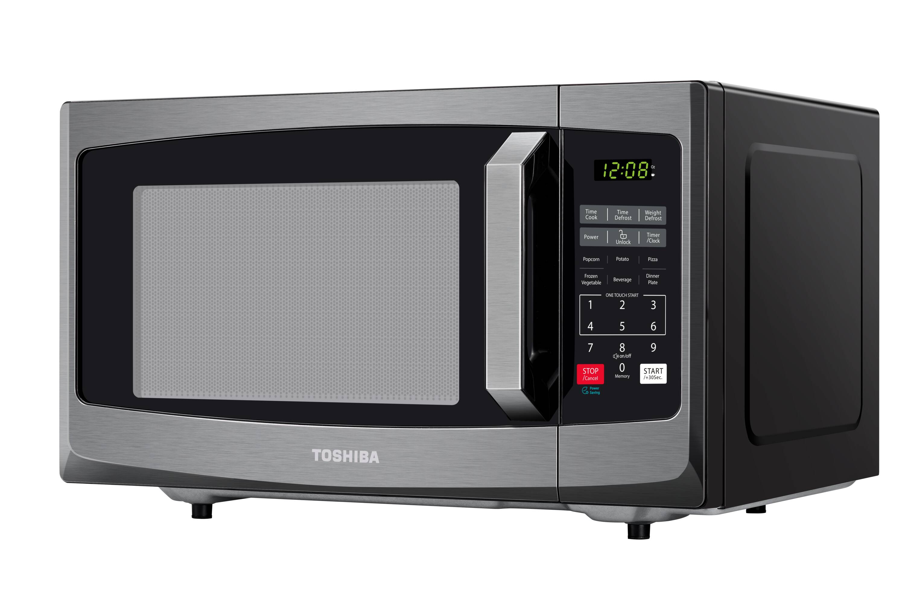 Microondas de 0.9 pies cúbicos con bloqueo de seguridad para niños, ahorro de energía y ajustes de un solo toque Toshiba (Acero inoxidable negro)