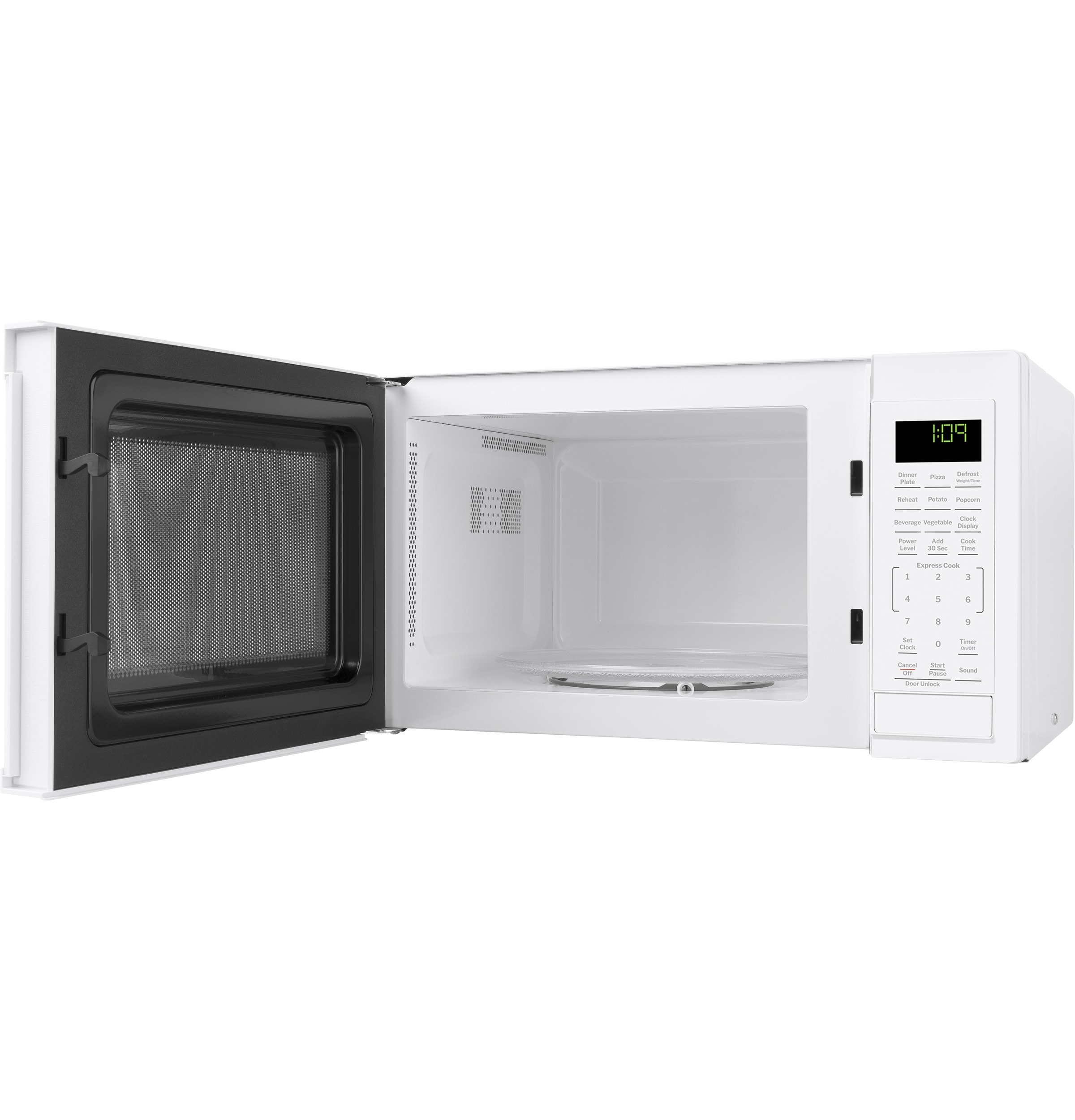 Microondas de mostrador blanco de 0.9 pies cúbicos (menos de 1.5 pies cúbicos) y 900 vatios.