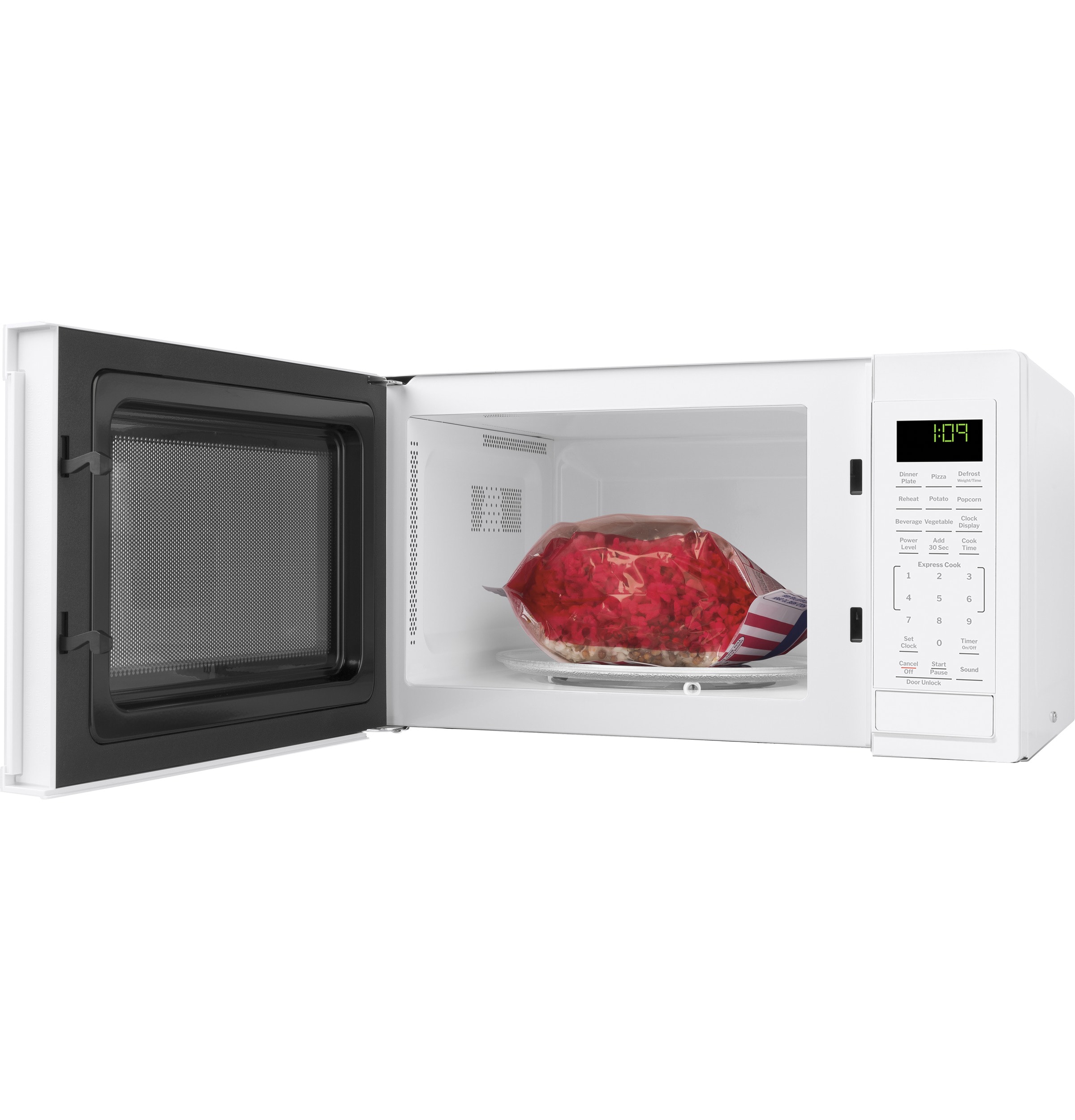 Microondas de mostrador blanco de 0.9 pies cúbicos (menos de 1.5 pies cúbicos) y 900 vatios.