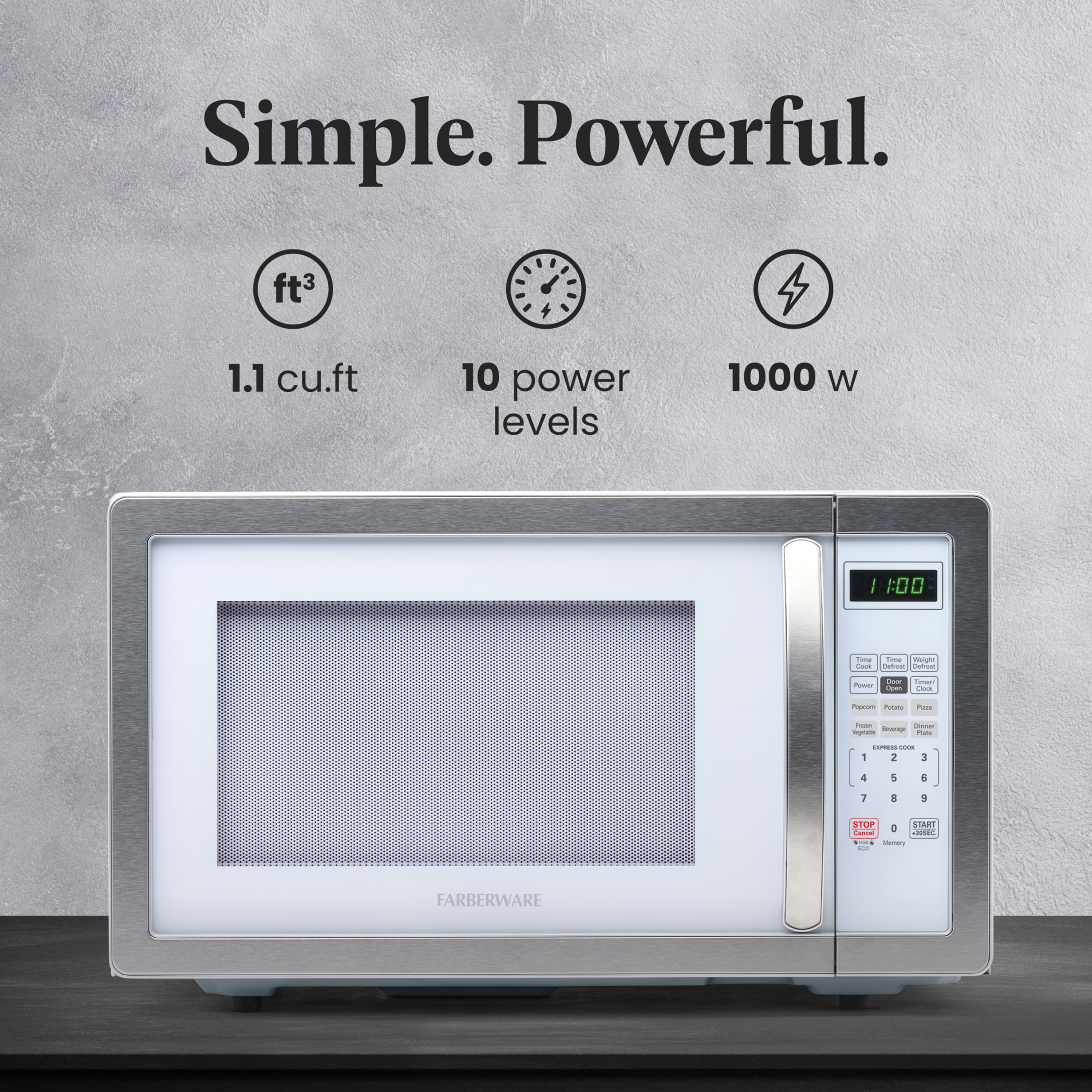 Microondas de Mostrador Farberware de 1.1 pies cúbicos y 1000 Watts (Blanco/Platino)
