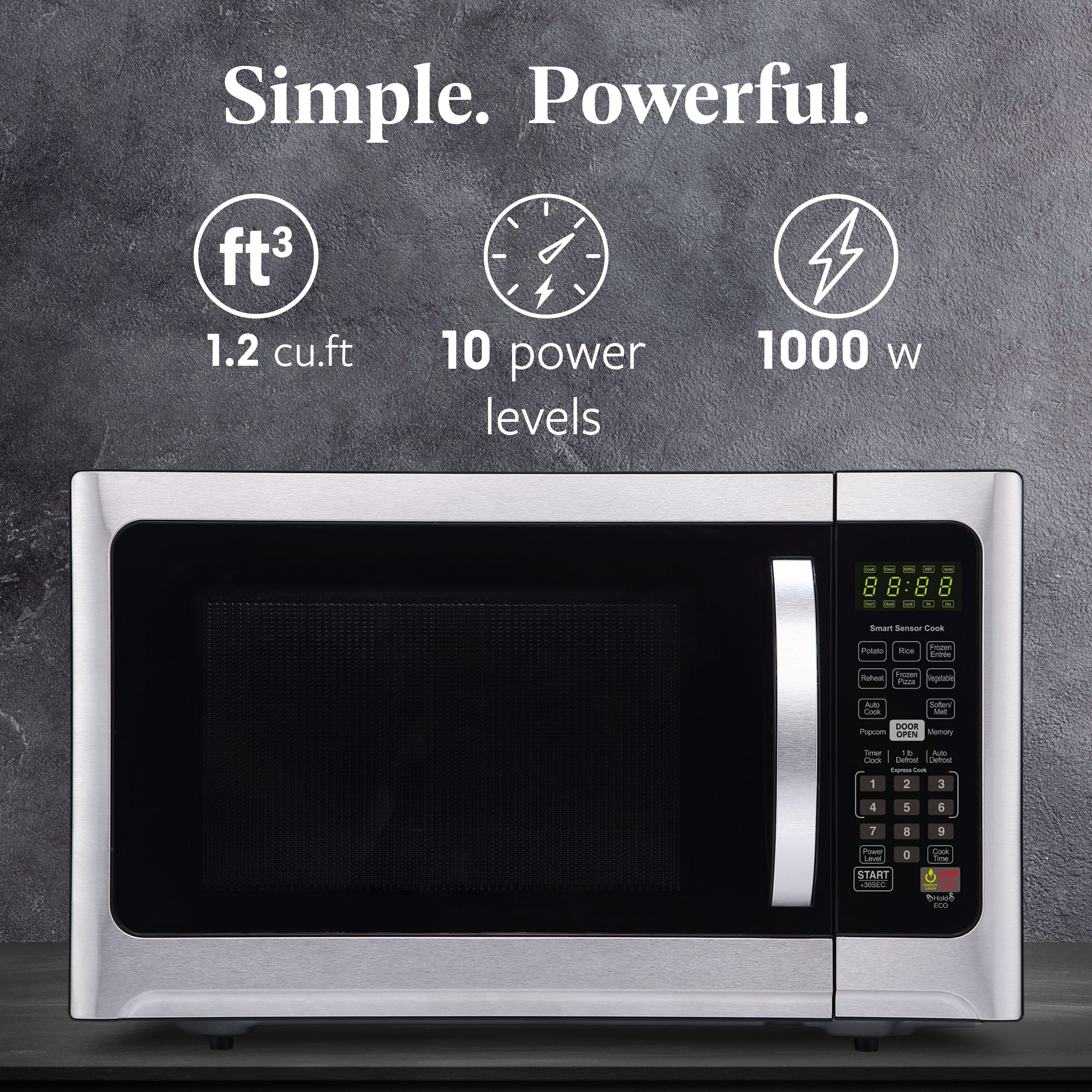 Horno de microondas de encimera profesional de 1.2 pies cúbicos con controles de cocción por sensor de 1000 watts (acero inoxidable/negro)