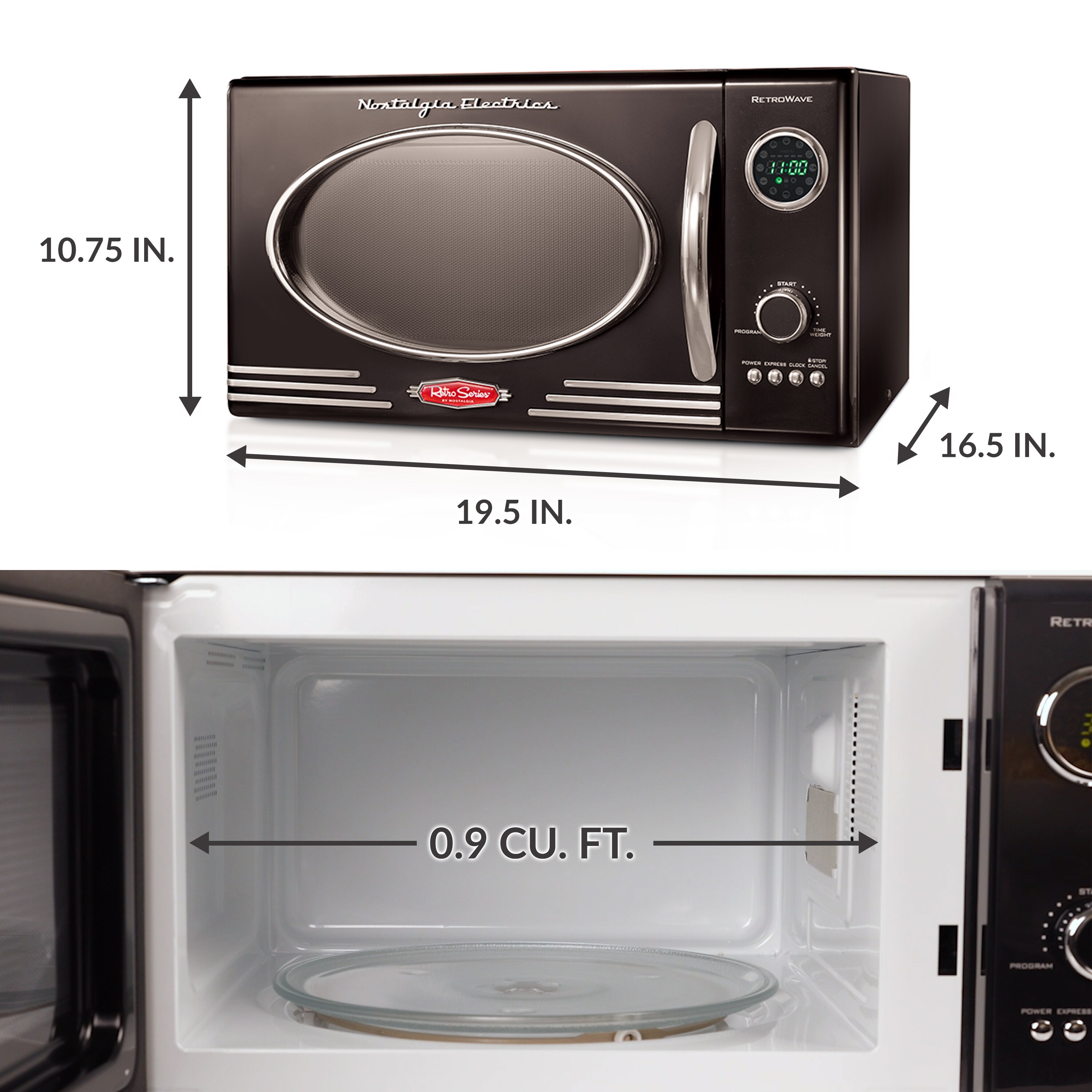 Microondas de mostrador de 0.9 pies cúbicos (menos de 1.5 pies cúbicos) con 800 vatios de potencia (negro) NRMO9BK de Nostalgia
