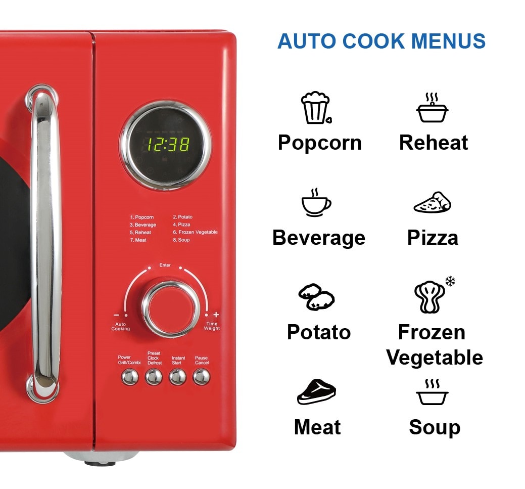 Radio Emerson de 0.9 pies cúbicos Pequeño (Menos de 1.5 pies cúbicos) 800 watts de Potencia en Color Rojo para la Cocina