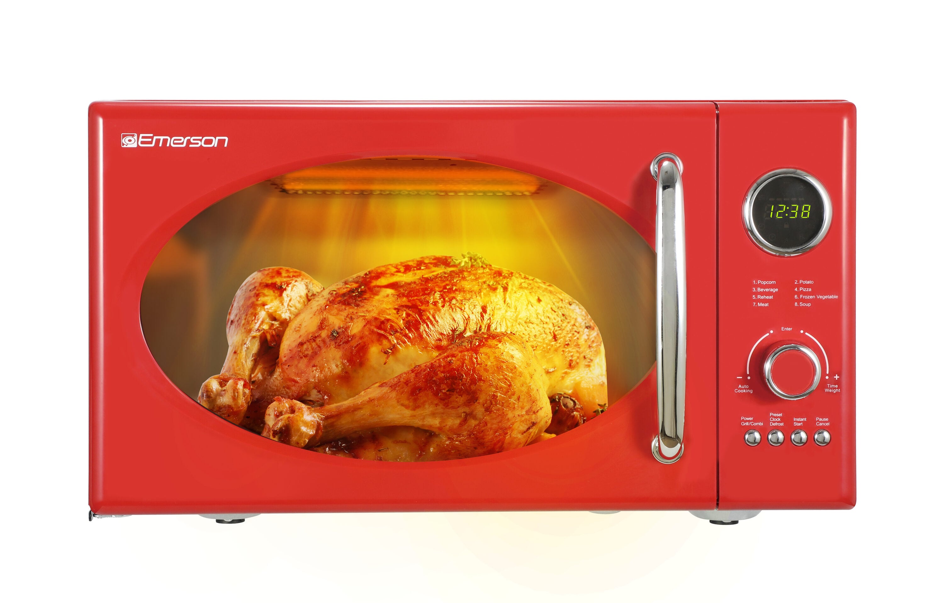 Radio Emerson de 0.9 pies cúbicos Pequeño (Menos de 1.5 pies cúbicos) 800 watts de Potencia en Color Rojo para la Cocina