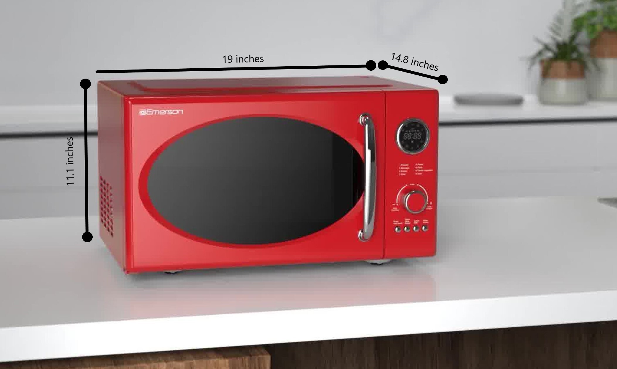Radio Emerson de 0.9 pies cúbicos Pequeño (Menos de 1.5 pies cúbicos) 800 watts de Potencia en Color Rojo para la Cocina