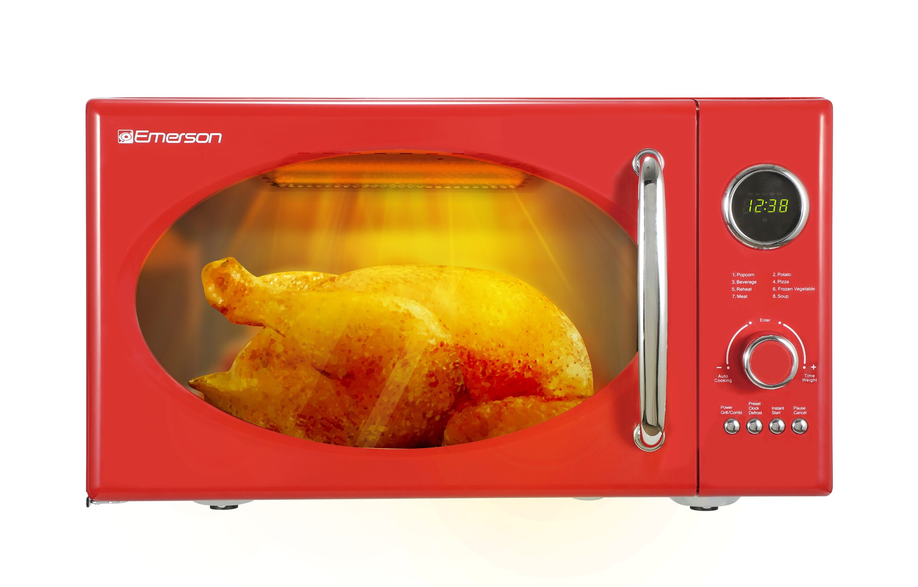Radio Emerson de 0.9 pies cúbicos Pequeño (Menos de 1.5 pies cúbicos) 800 watts de Potencia en Color Rojo para la Cocina