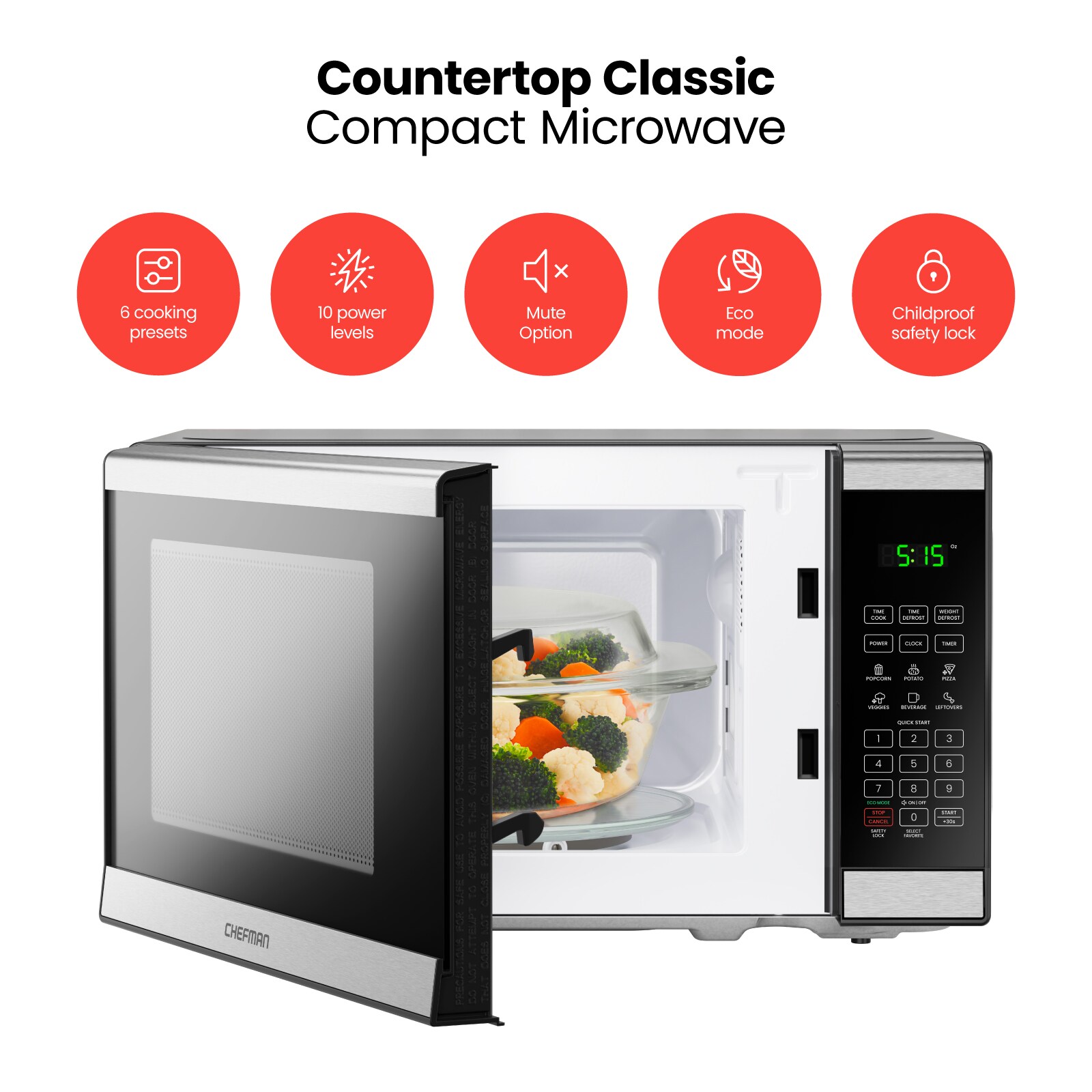 Horno de microondas de mostrador Chefman de 0.7 pies cúbicos (Menos de 1.5 pies cúbicos) de 700 vatios (Acero inoxidable) RJ55-SS-7