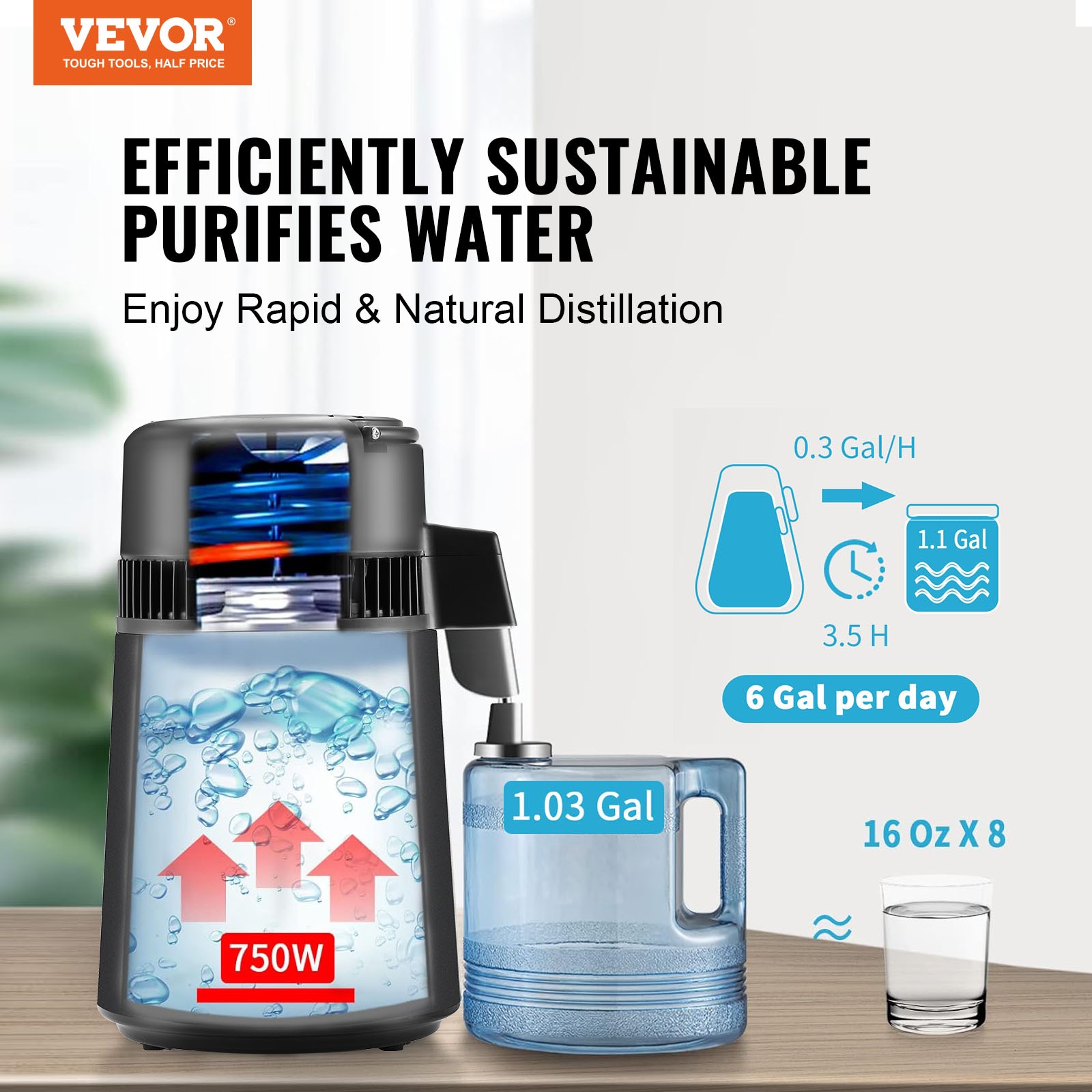 Destilador de agua eléctrico negro de 750 W y 6.3 Gal/D de la marca VEVOR
