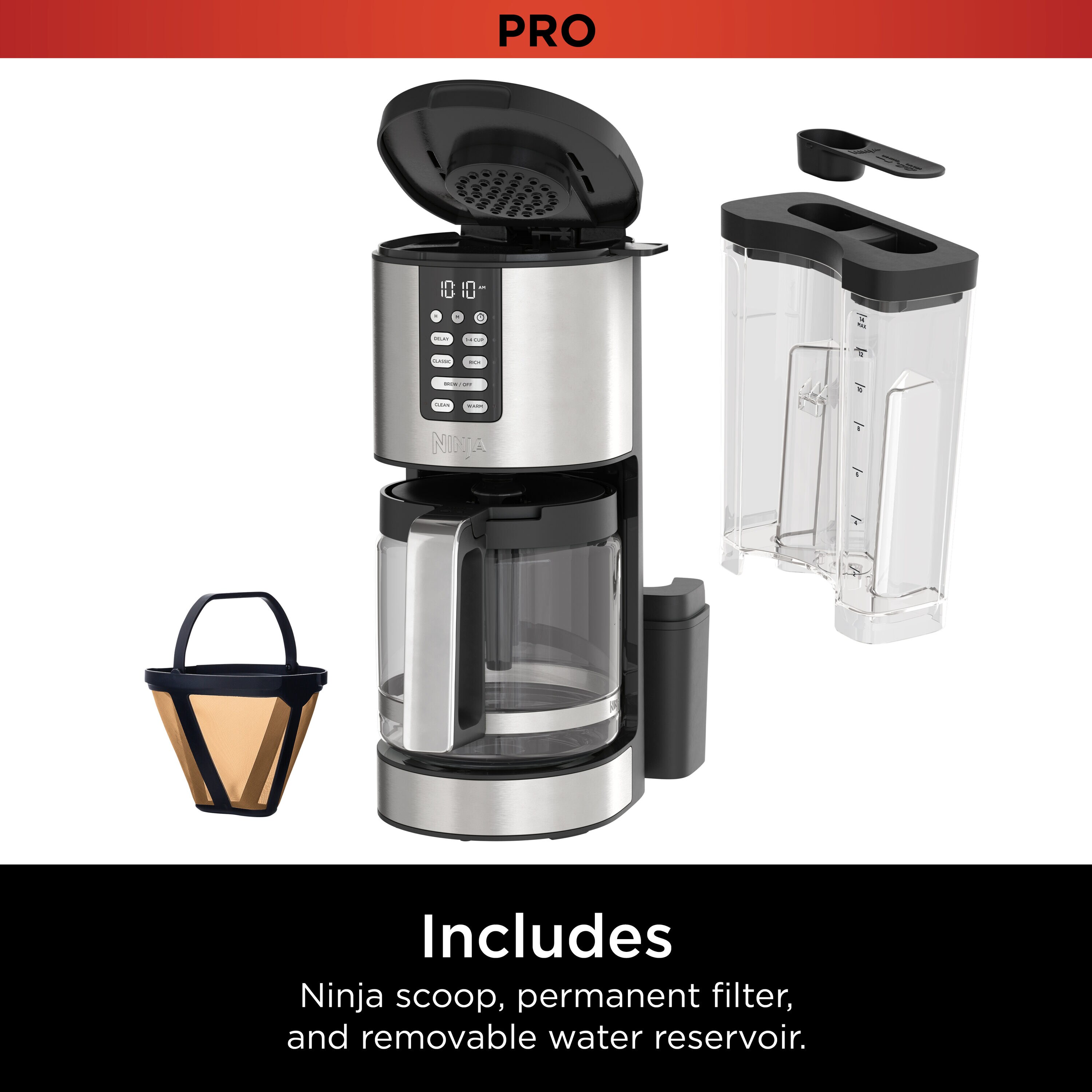 Cafetera de goteo residencial programable Ninja XL de 14 tazas con apagado automático (Negro/Acero inoxidable) DCM201