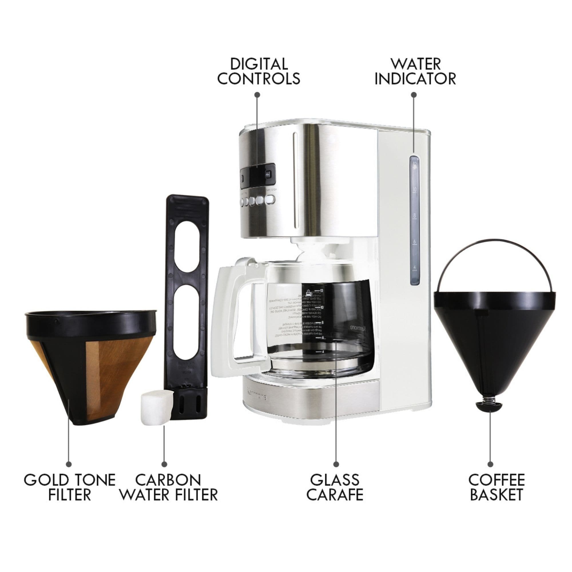Cafetera automática programable de goteo residencial de 12 tazas con apagado automático (acero inoxidable y blanco) KKCM12W