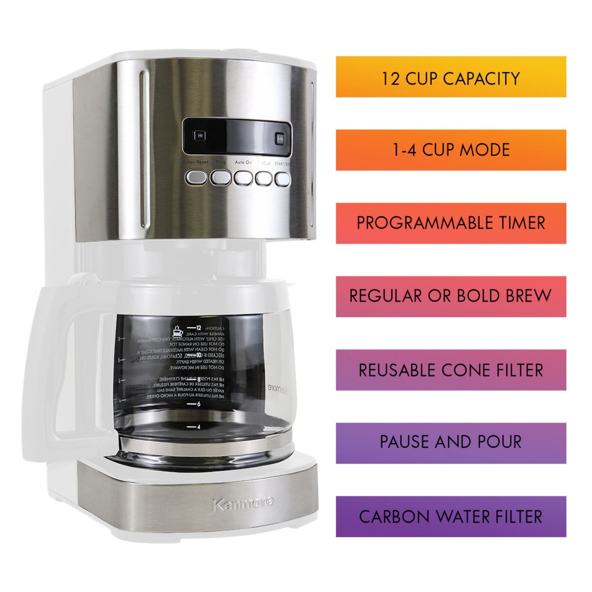 Cafetera automática programable de goteo residencial de 12 tazas con apagado automático (acero inoxidable y blanco) KKCM12W